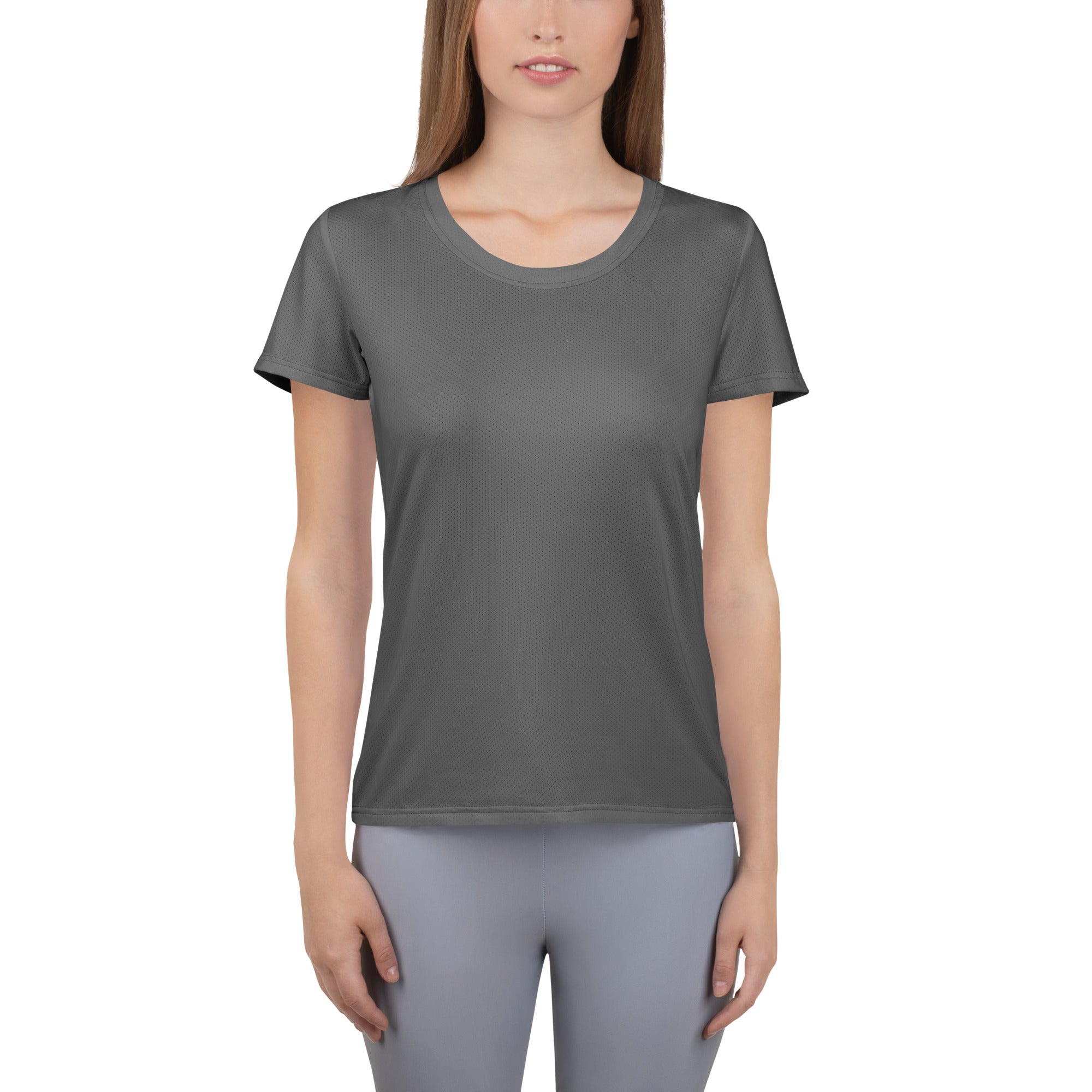 Women’s gray performance athletic t-shirt with short sleeves subtle texture moisture wicking and UPF 50+ protection