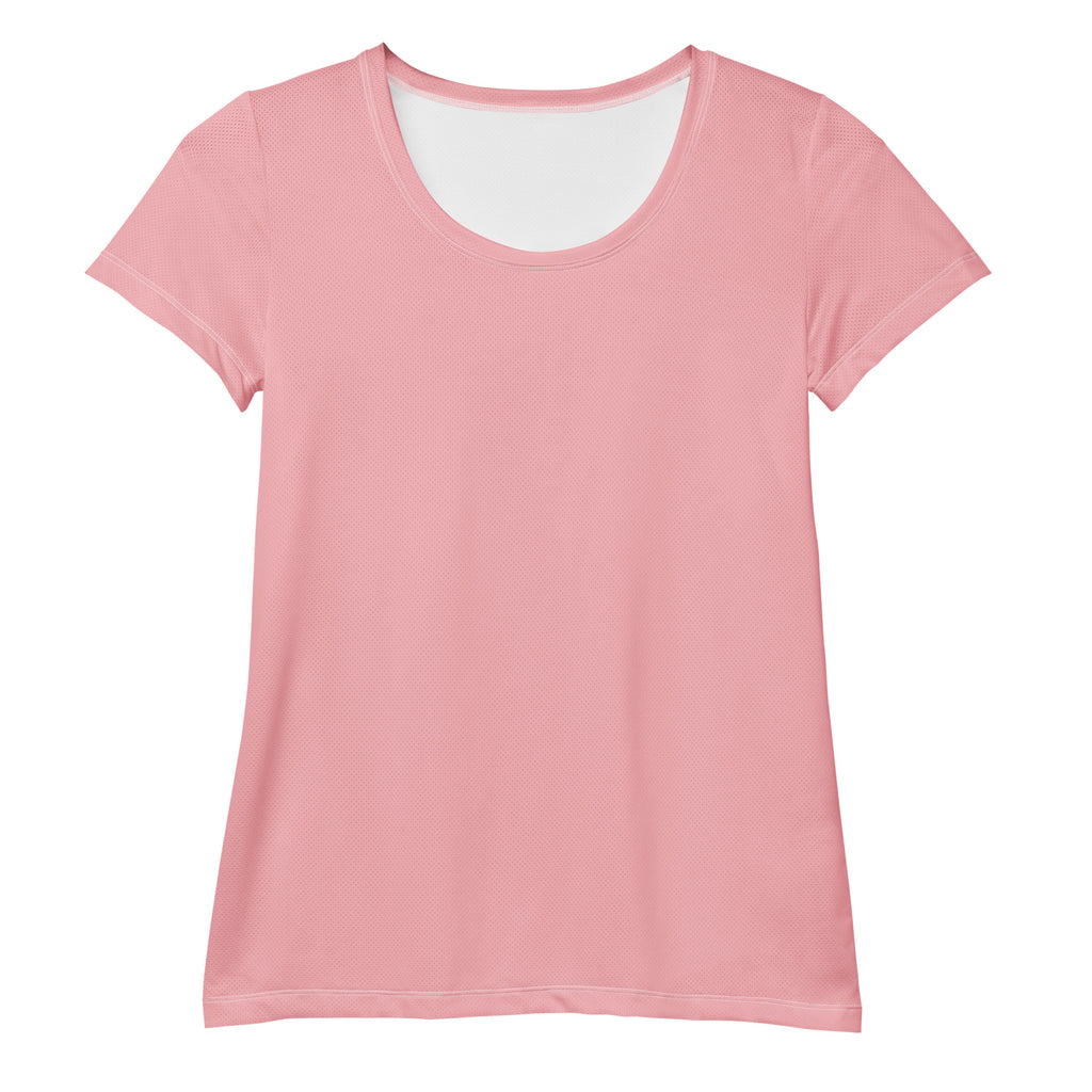 Women’s blush pink short-sleeved athletic t-shirt with lightweight moisture wicking fabric and rounded neckline