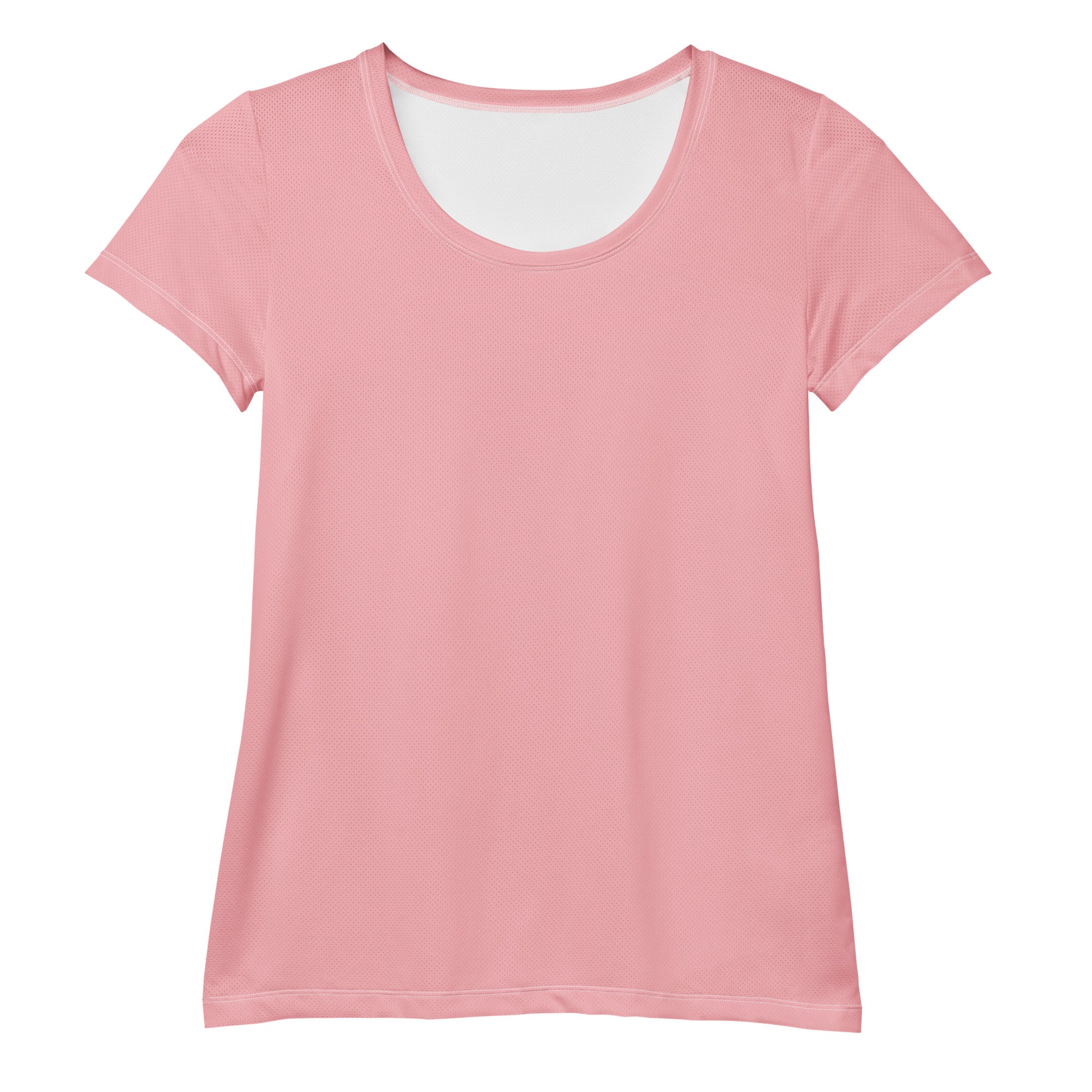 Women’s blush pink short-sleeved athletic t-shirt with lightweight moisture wicking fabric and rounded neckline