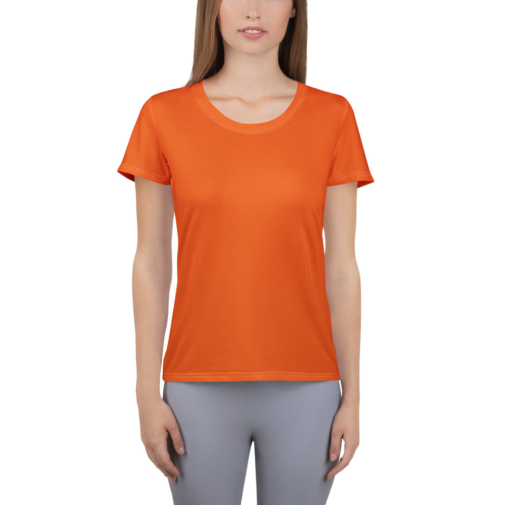 Women’s orange performance athletic t-shirt with round neckline smooth fabric lightweight moisture wicking upf 50+
