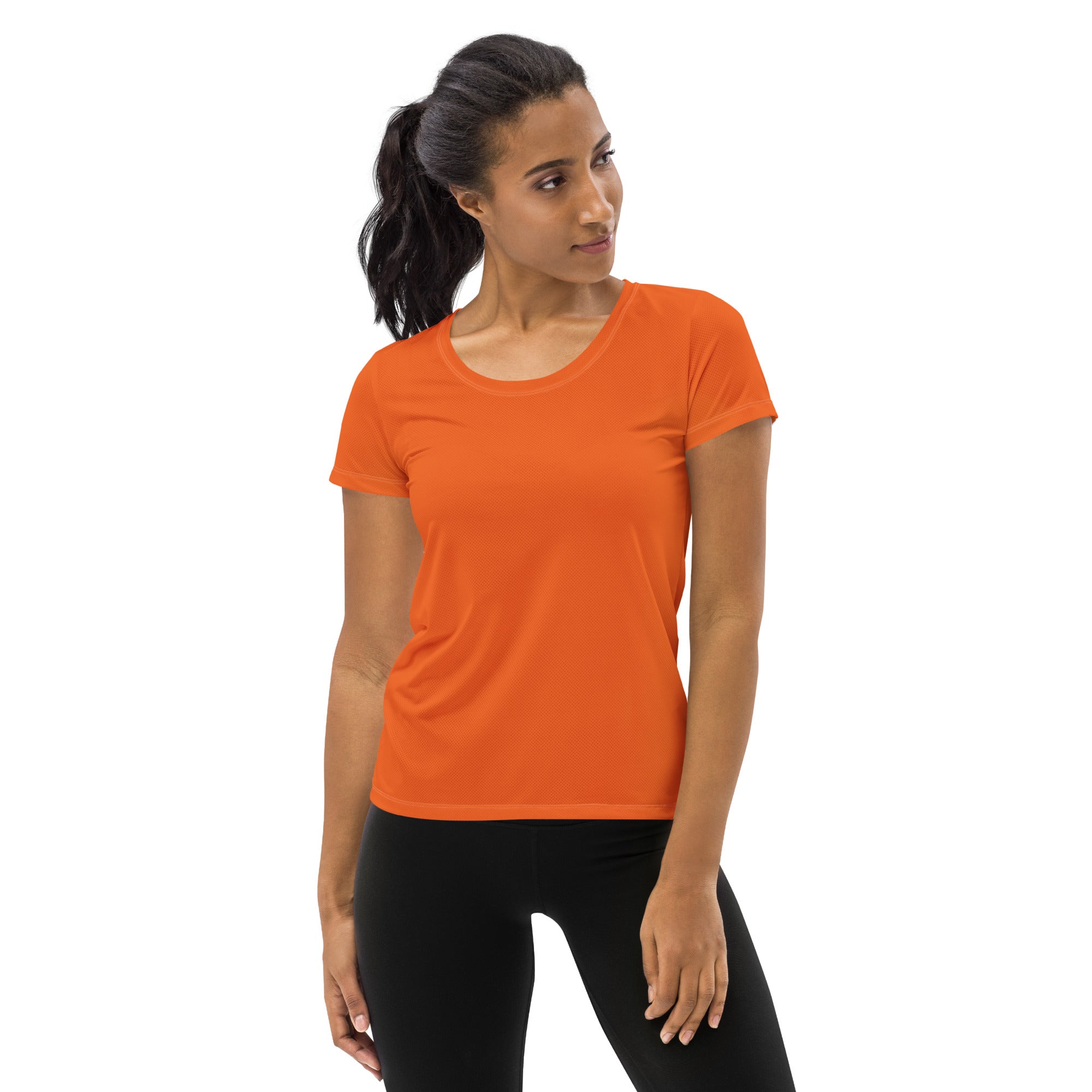 Women’s orange short-sleeved performance athletic t-shirt with lightweight moisture wicking fabric and upf 50+ protection