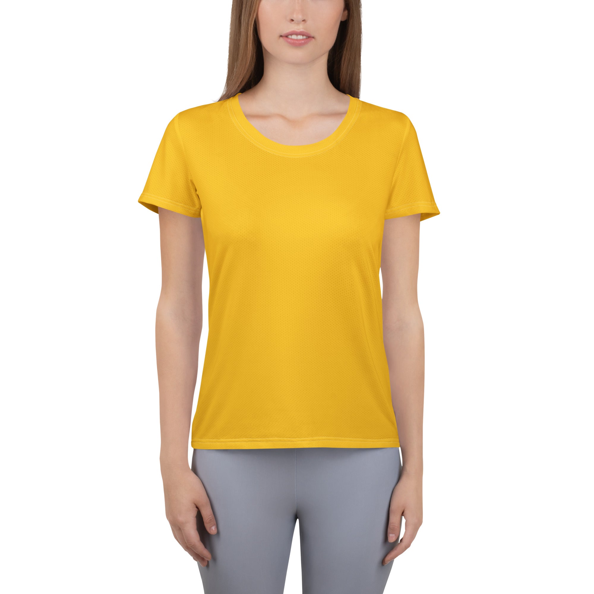 A vibrant yellow women’s performance athletic t-shirt with short sleeves crew neck lightweight moisture wicking fabric