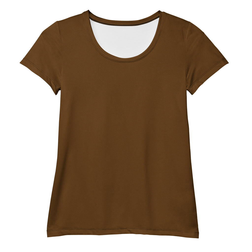 Women’s brown performance athletic t-shirt with scoop neckline textured fabric lightweight moisture wicking workout top