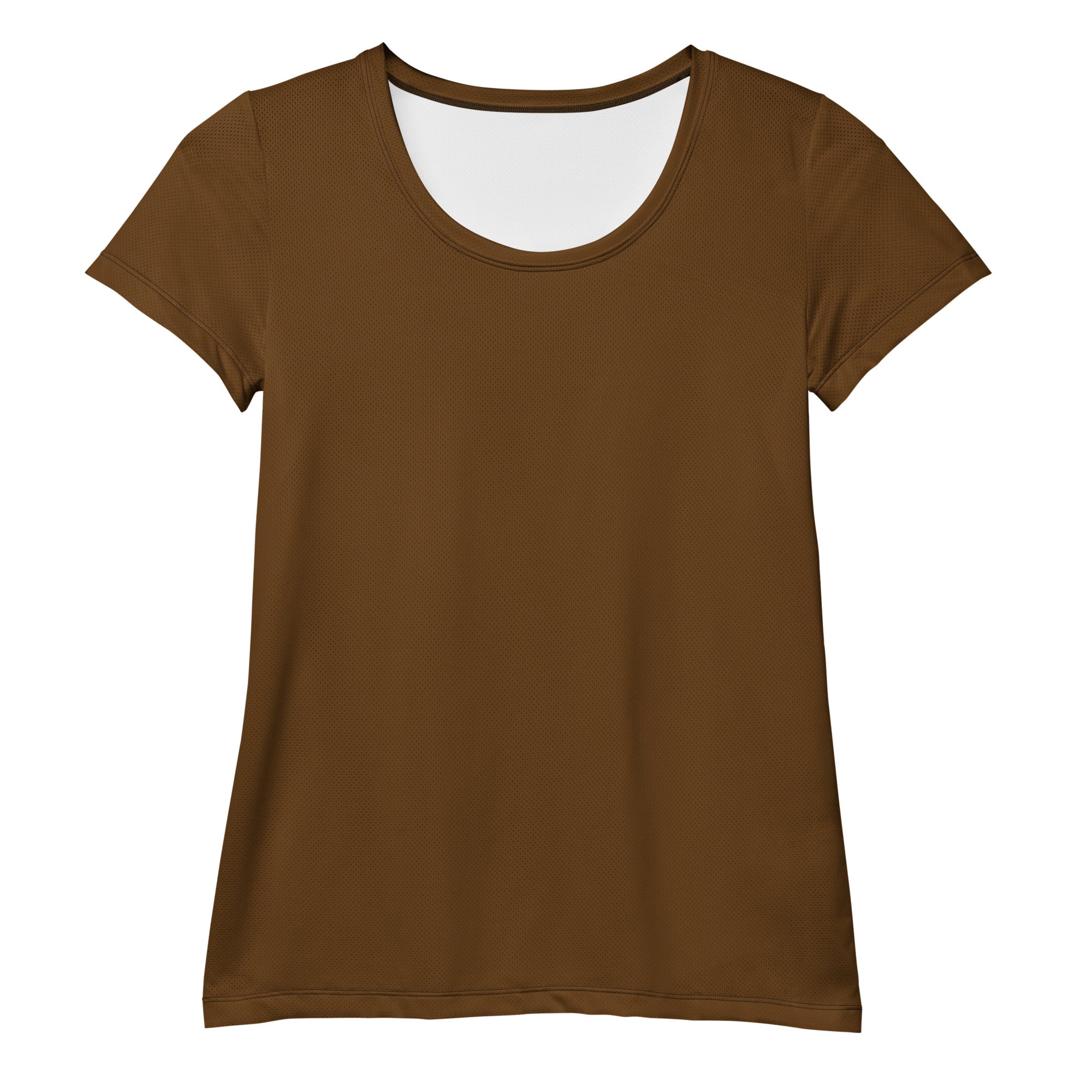 Women’s brown performance athletic t-shirt with scoop neckline textured fabric lightweight moisture wicking workout top