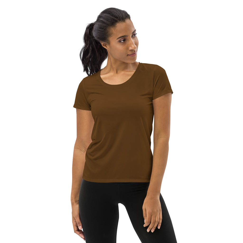 A sleek brown women’s performance athletic t-shirt with short sleeves lightweight moisture wicking and upf 50+