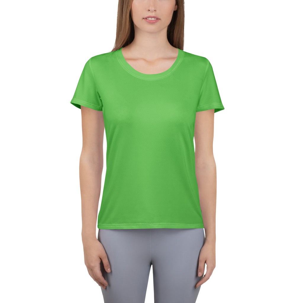 Bright green women’s performance athletic t-shirt with short sleeves round neckline lightweight moisture wicking