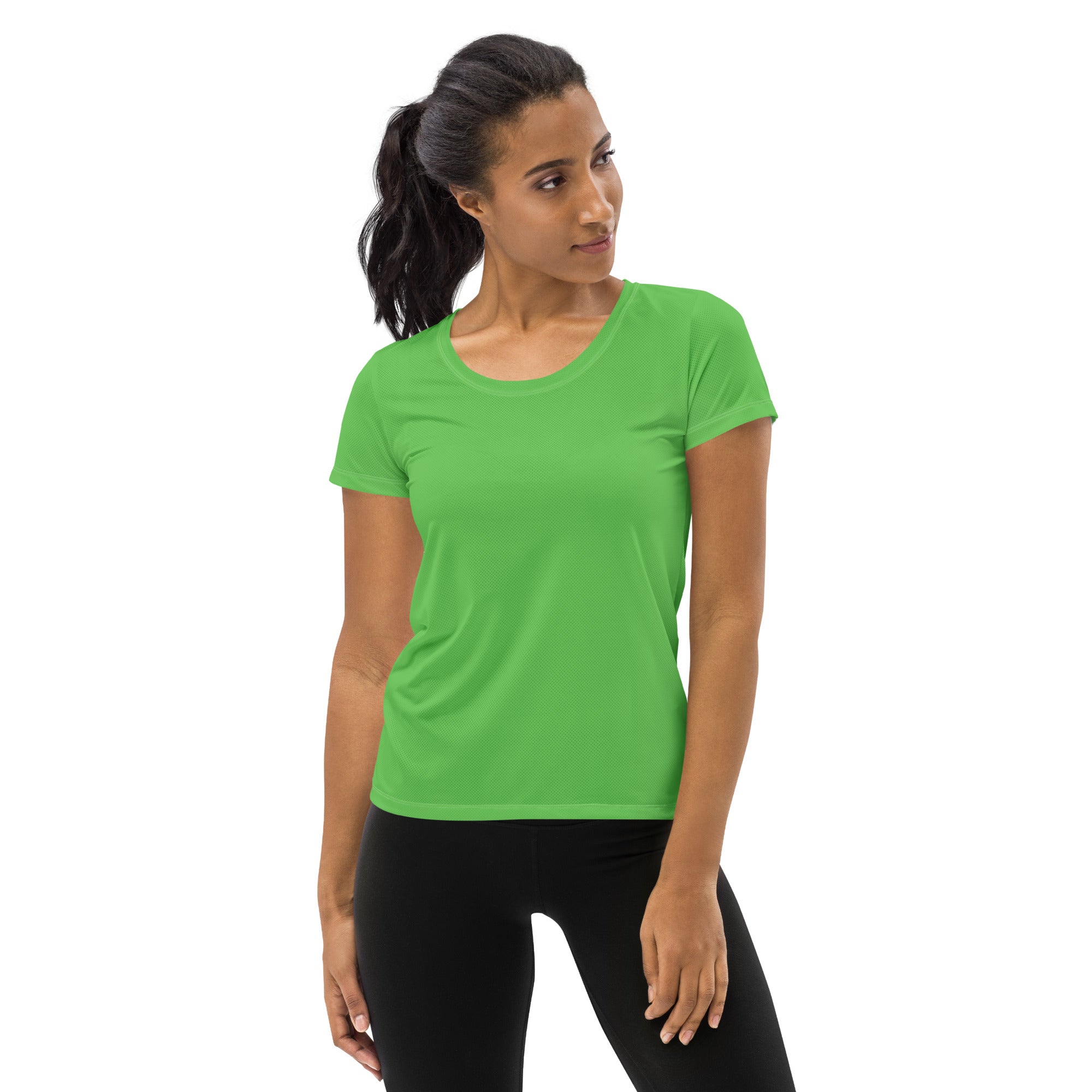 Bright green short-sleeved women’s performance athletic t-shirt with round neckline lightweight moisture wicking fabric