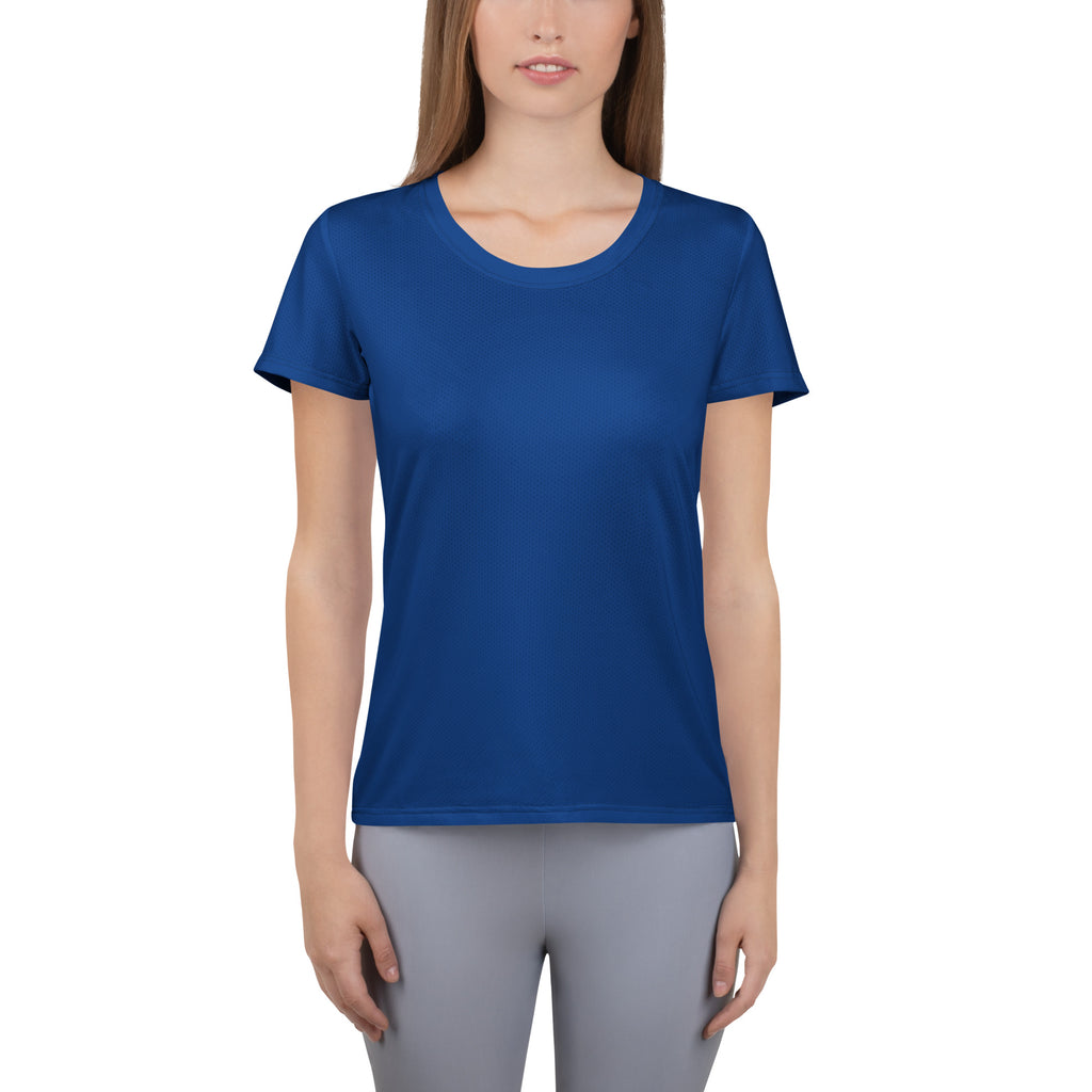 A solid royal blue short-sleeved women’s t-shirt with a rounded neckline lightweight moisture wicking workout top with UPF 50+