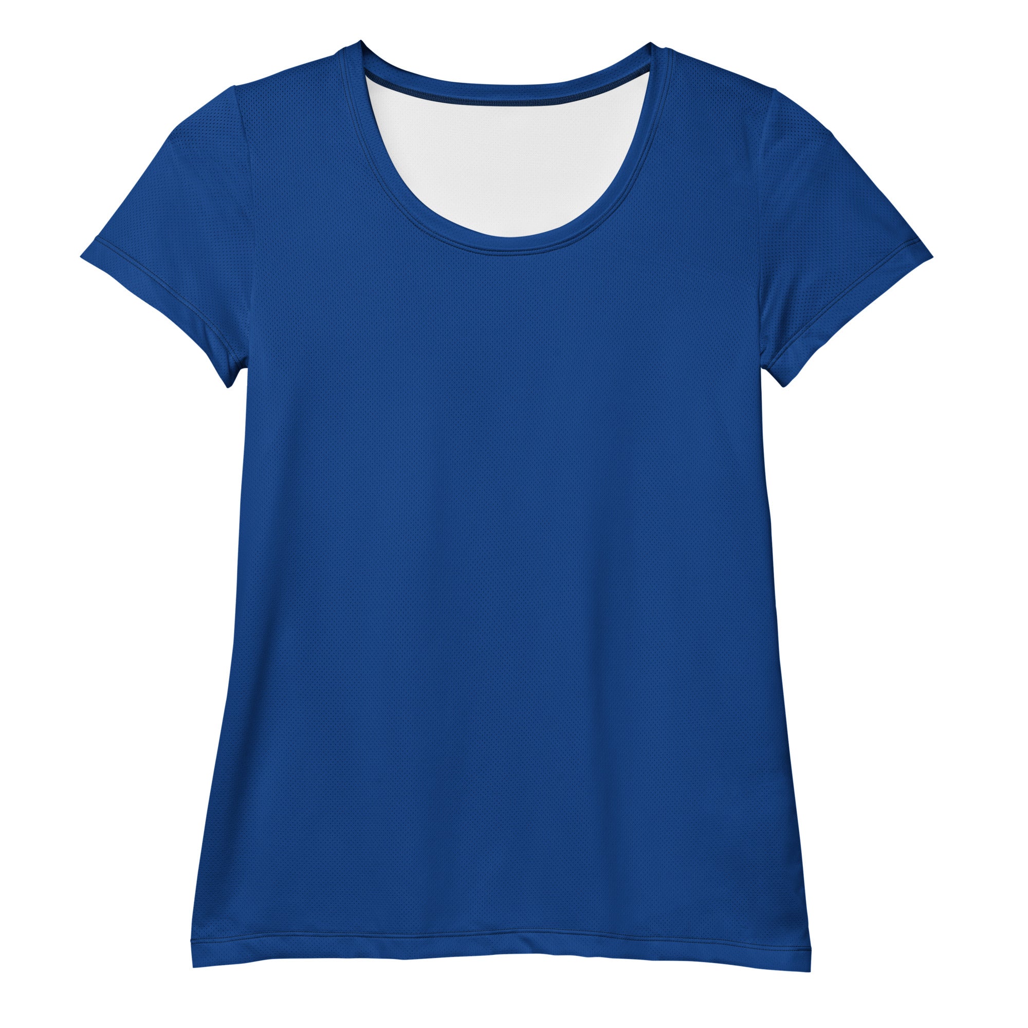 A solid royal blue women’s short-sleeved performance athletic t-shirt with rounded neckline and ribbed trim