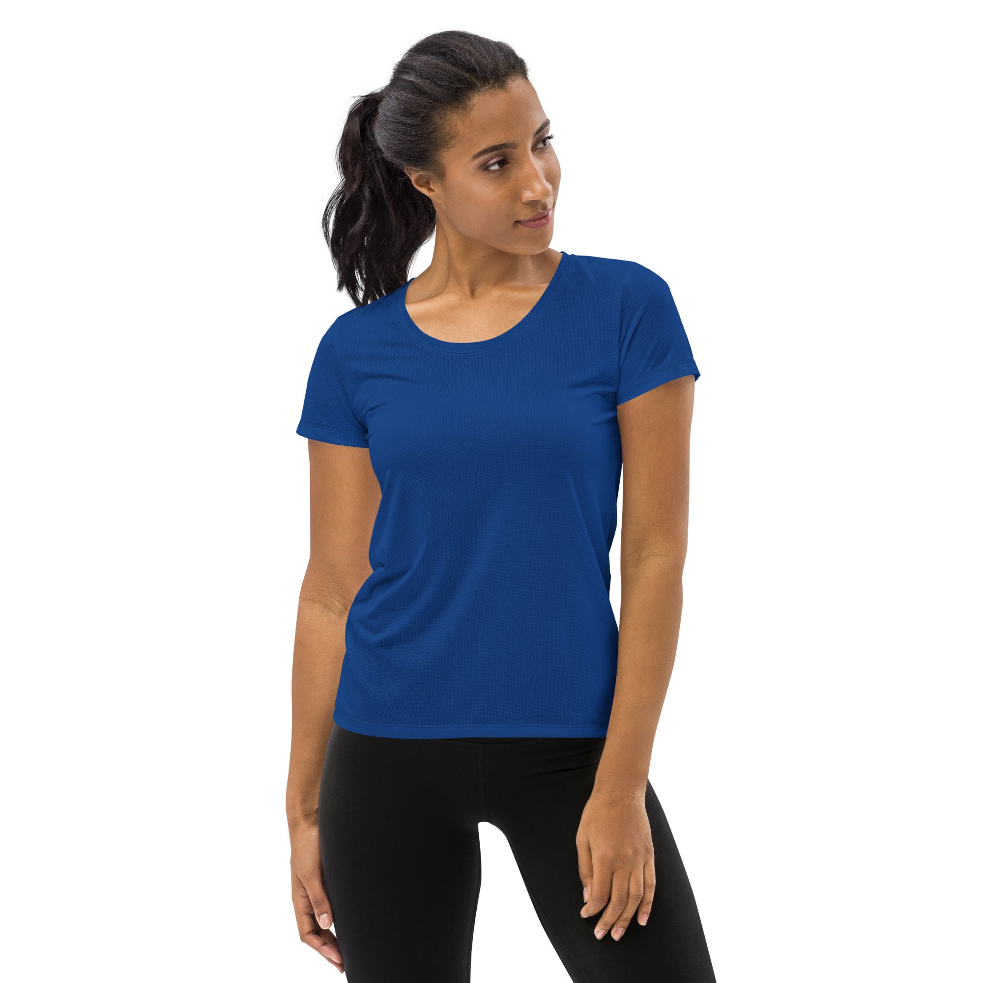A vibrant royal blue short-sleeved women’s performance athletic t-shirt with rounded neckline and UPF 50 plus protection