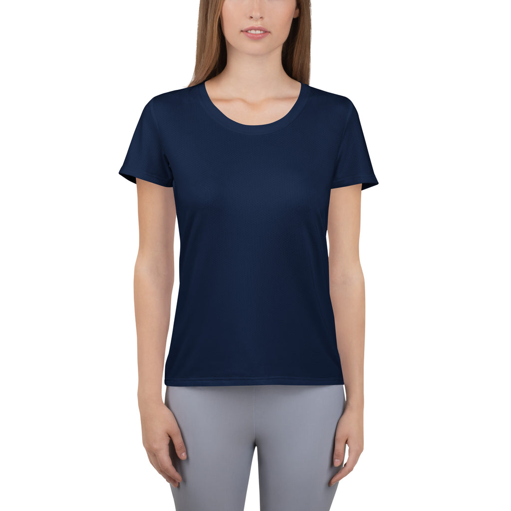 Women’s navy blue short-sleeved performance athletic t-shirt with rounded neckline and upf 50+ for workouts