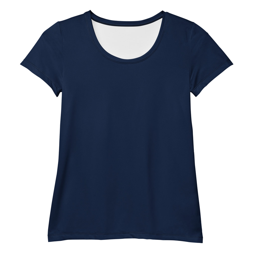 Women’s navy blue short-sleeved performance athletic t-shirt with scoop neckline lightweight moisture wicking upf 50+