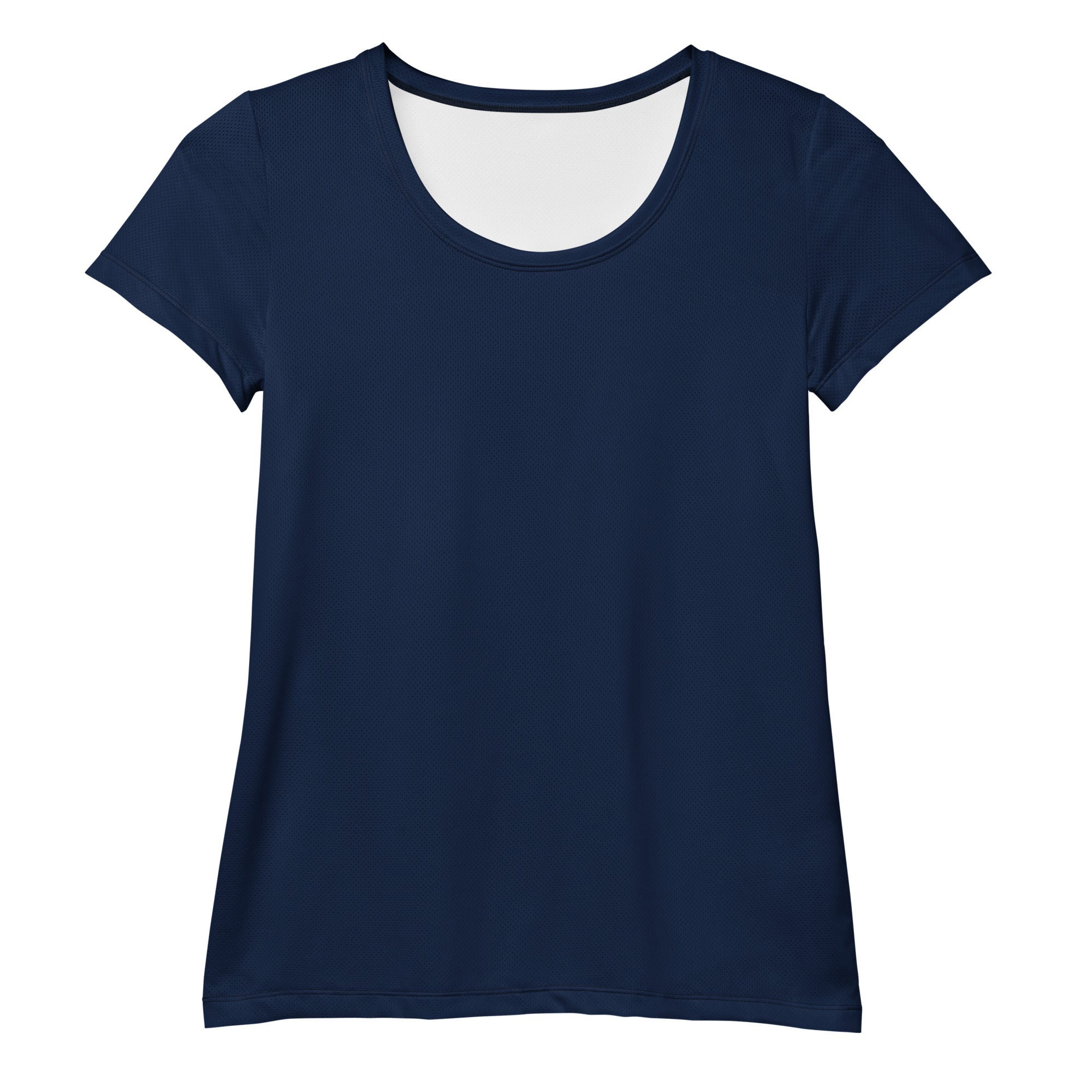 Women’s navy blue short-sleeved performance athletic t-shirt with scoop neckline lightweight moisture wicking upf 50+