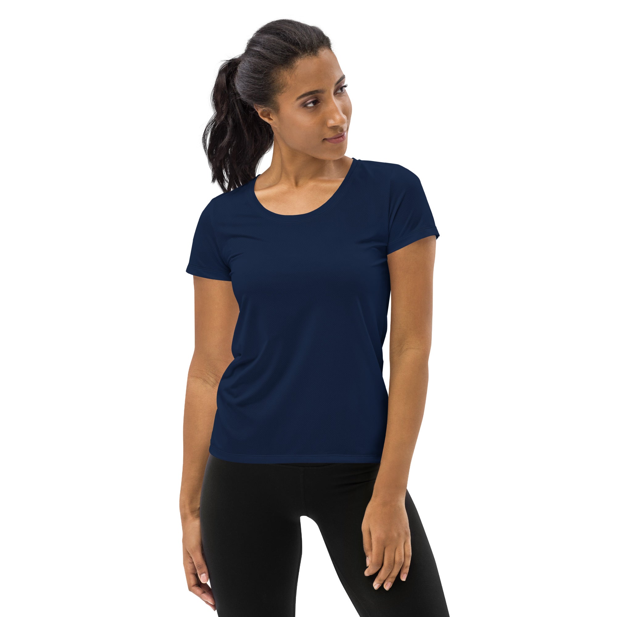 Women’s navy blue short-sleeved performance t-shirt with rounded neckline lightweight moisture wicking upf 50+