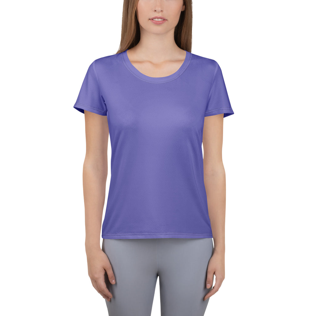 Women’s purple performance athletic t-shirt with short sleeves round neckline and textured moisture wicking fabric
