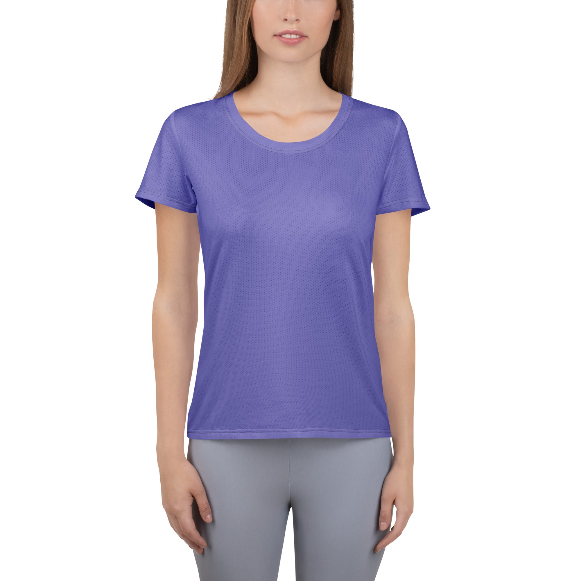 Women’s purple performance athletic t-shirt with short sleeves round neckline and textured moisture wicking fabric