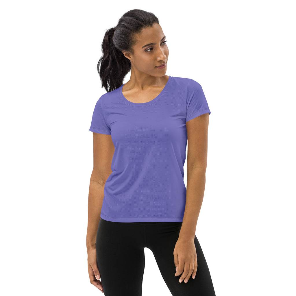 A soft lavender short-sleeved athletic top with rounded neckline lightweight moisture wicking upf 50+ workout shirt