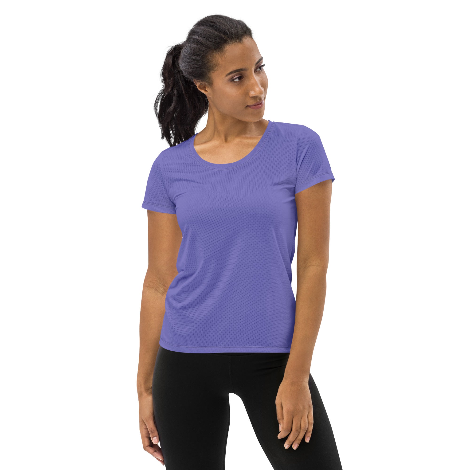 A soft lavender short-sleeved athletic top with rounded neckline lightweight moisture wicking upf 50+ workout shirt