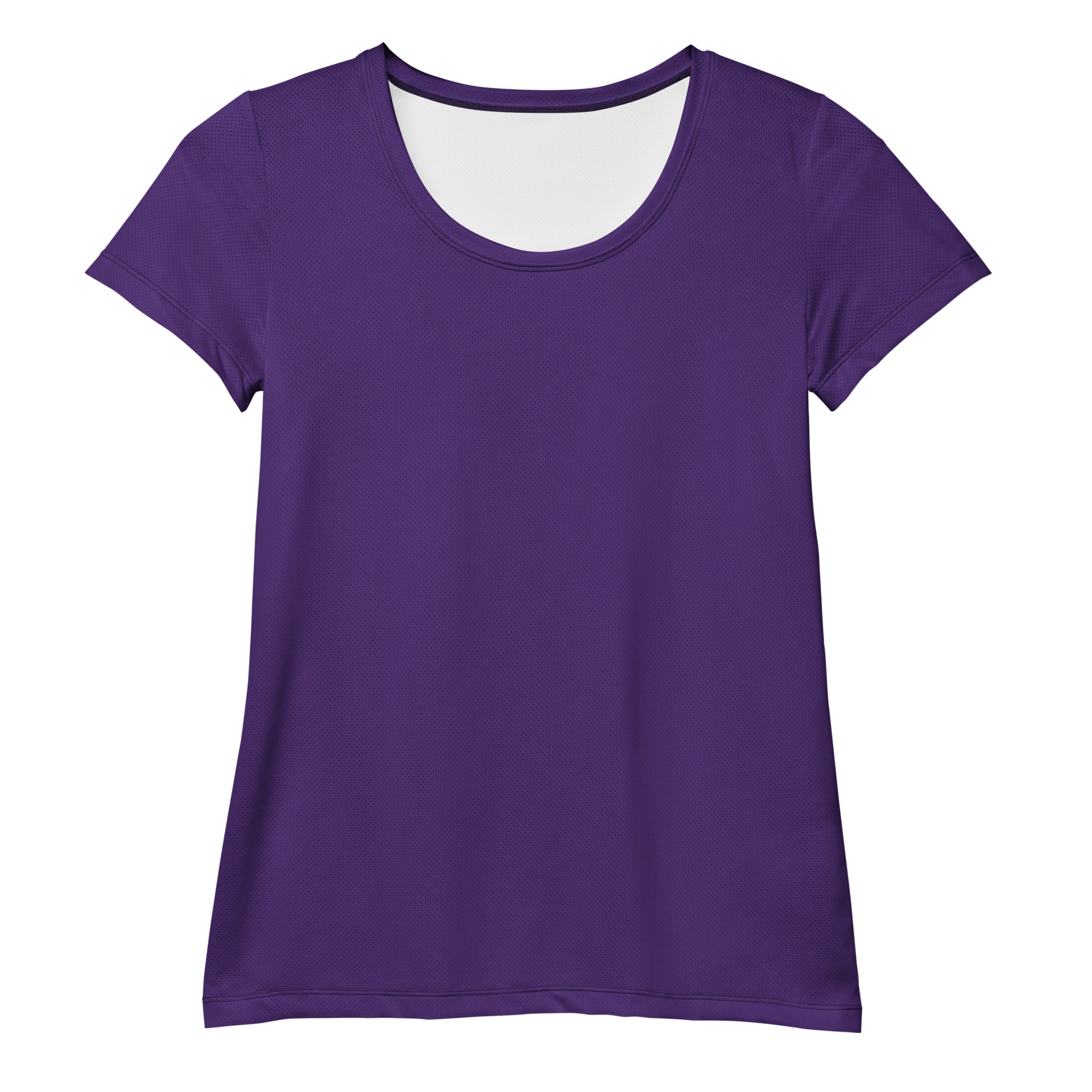 Women’s dark purple short-sleeved performance athletic t-shirt with scoop neckline and subtle textured fabric