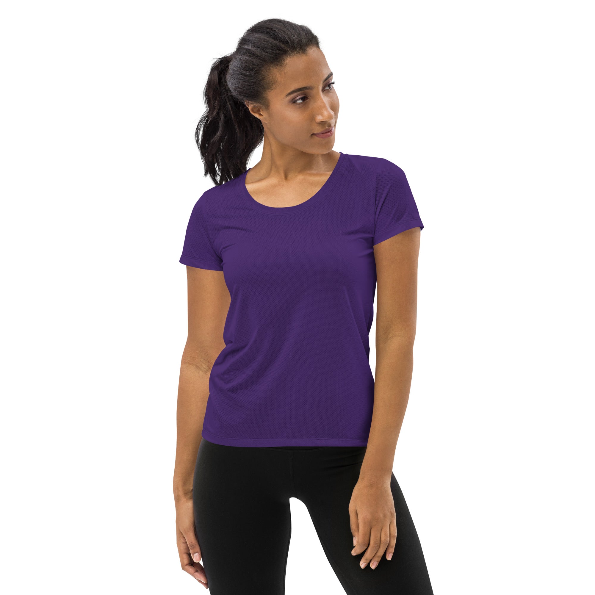 Women’s dark purple short-sleeved performance athletic top with rounded neckline lightweight moisture wicking fabric