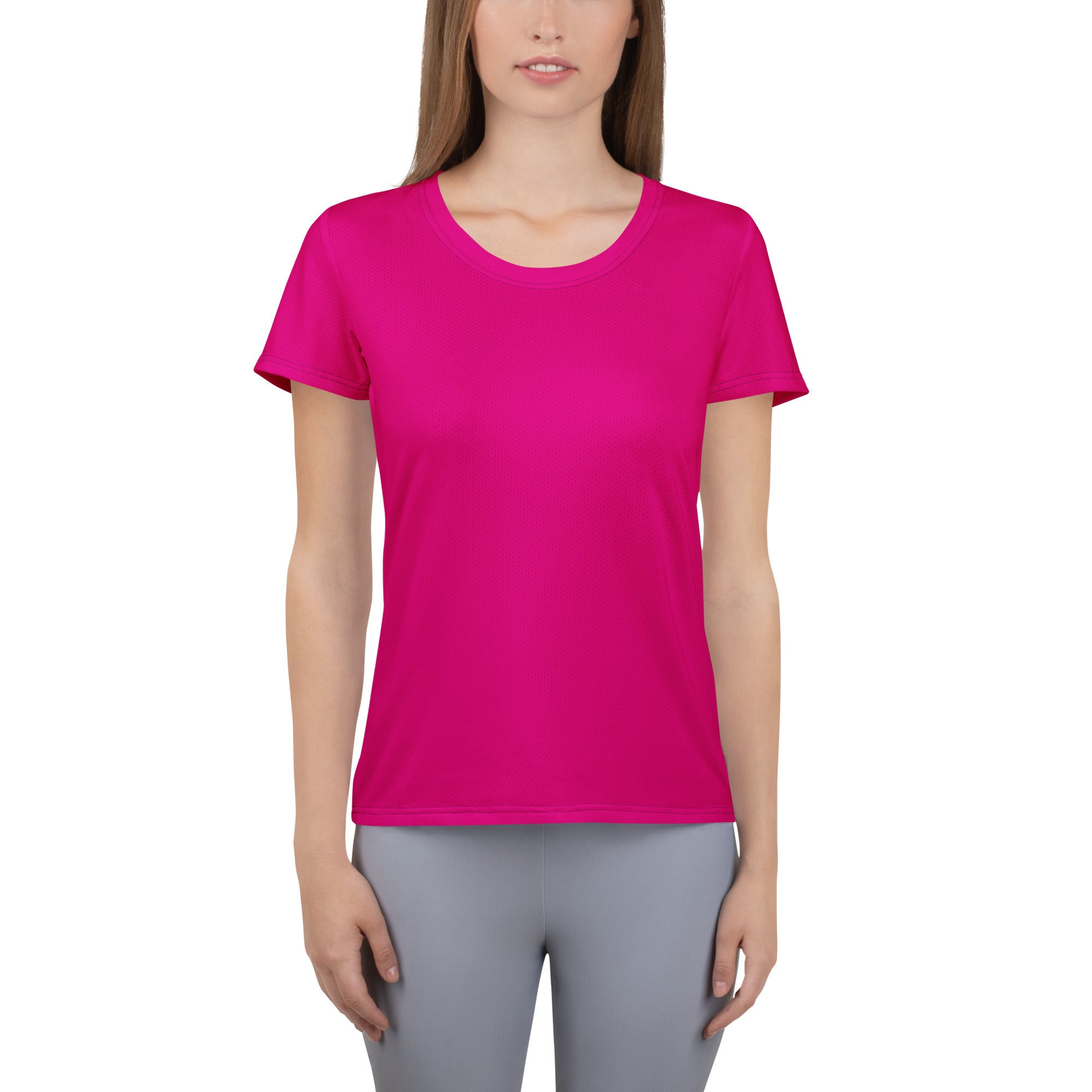 A vibrant fuchsia short-sleeved women’s performance athletic t-shirt with round neckline and moisture wicking fabric