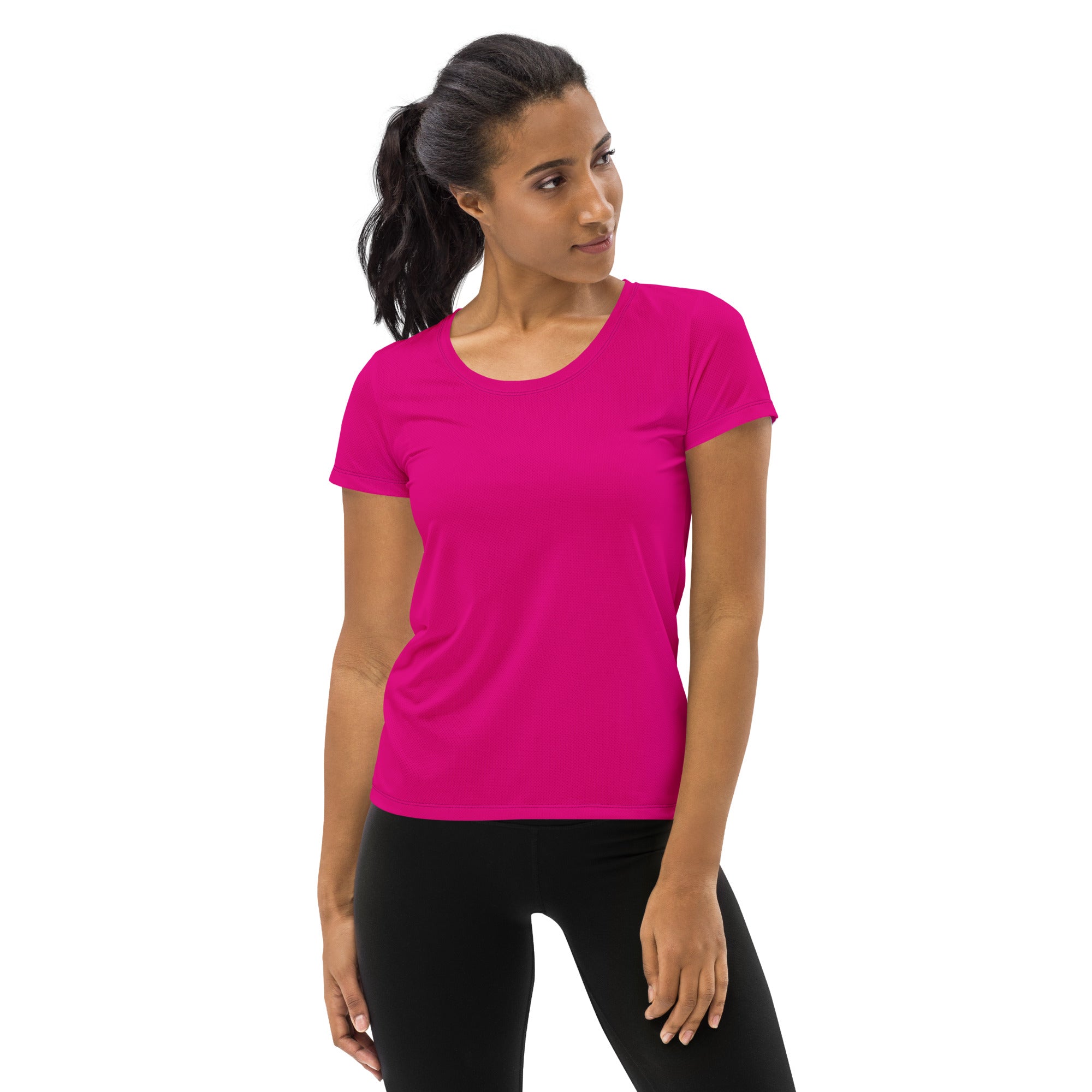 Women’s magenta pink fuchsia short-sleeved lightweight moisture-wicking athletic t-shirt with upf 50+ for workouts
