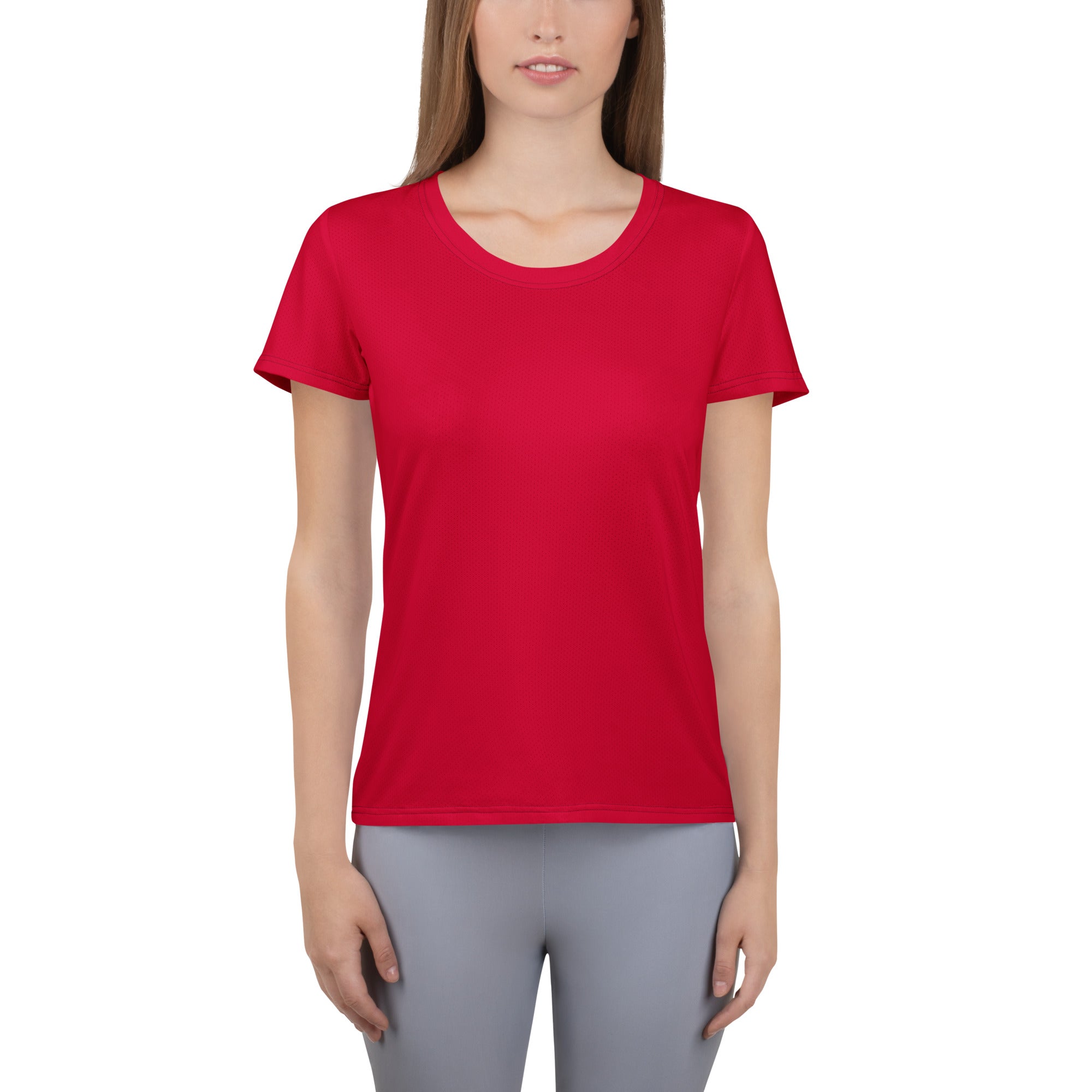 A vibrant red short-sleeved women’s t-shirt with crew neck, lightweight moisture-wicking fabric, and upf 50 plus protection