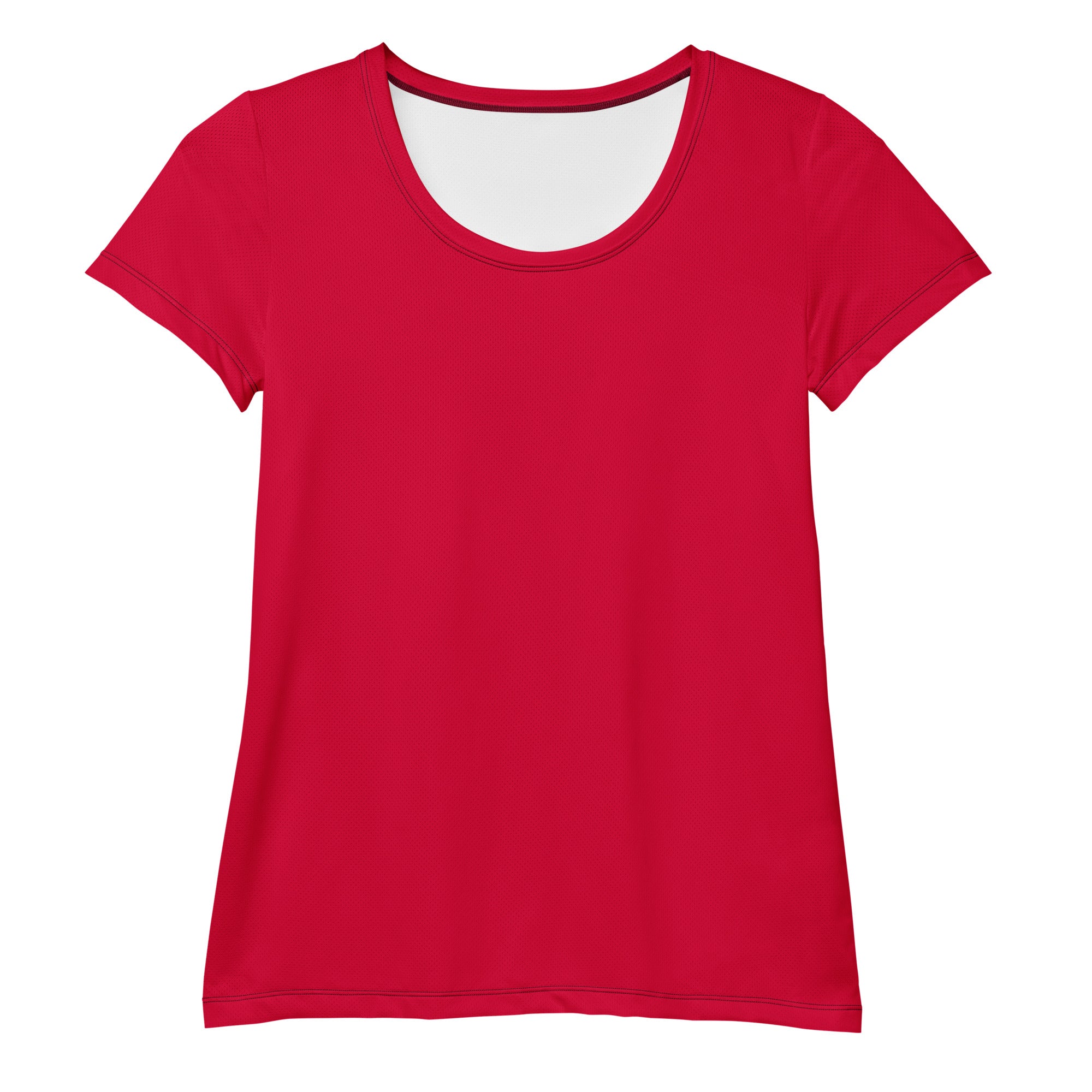 A vibrant red short-sleeved women’s lightweight moisture wicking performance t-shirt with upf 50 plus for workouts