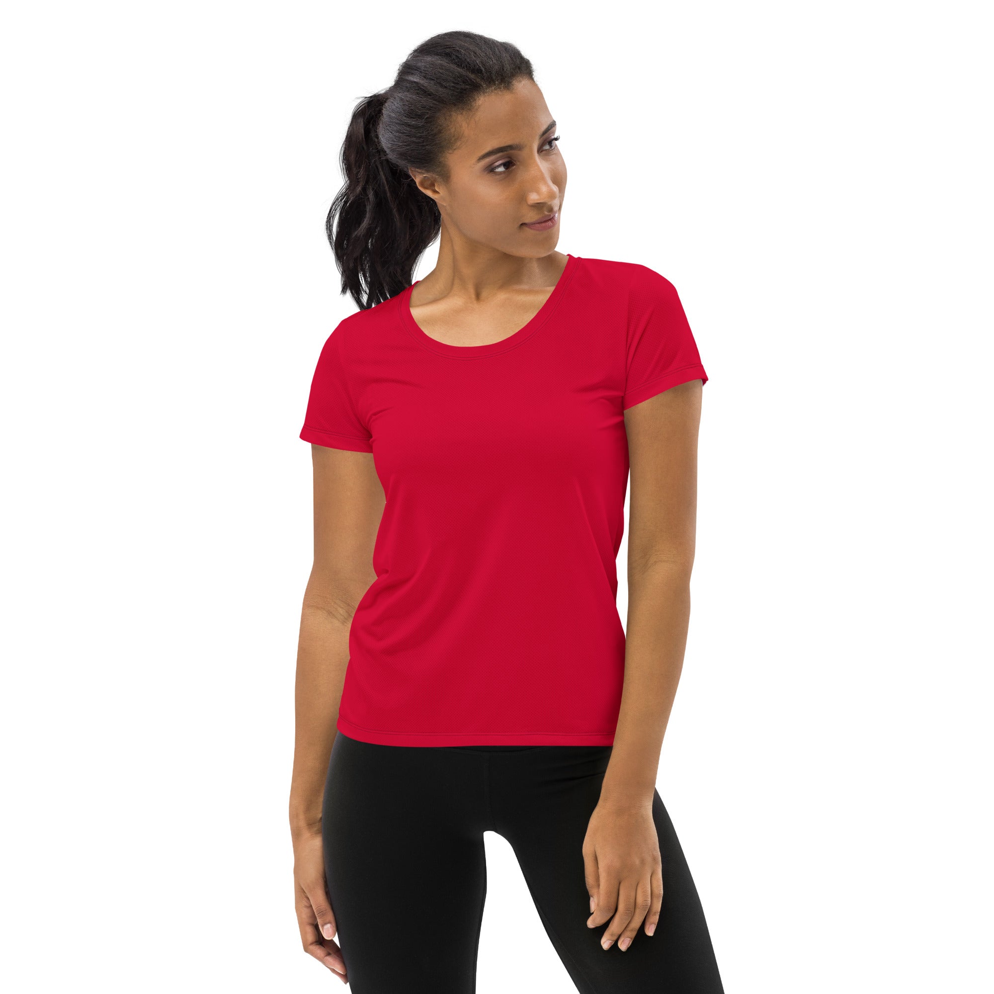A vibrant red women’s short-sleeved performance athletic t-shirt with rounded neckline and moisture wicking fabric