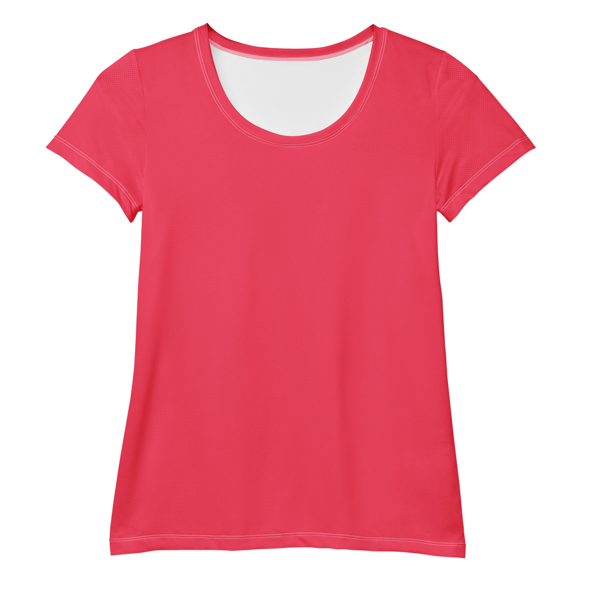A vibrant coral pink women’s short-sleeved performance t-shirt with soft fabric and rounded neckline for workouts