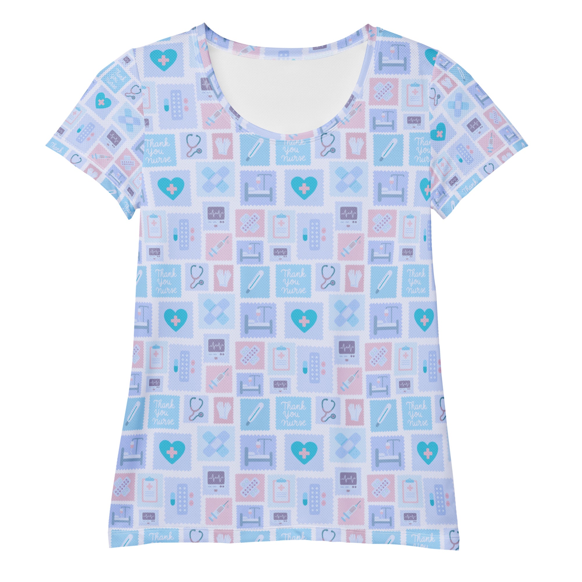 Women’s blue nurse icon performance t-shirt with short sleeves scoop neck medical pattern and moisture wicking fabric