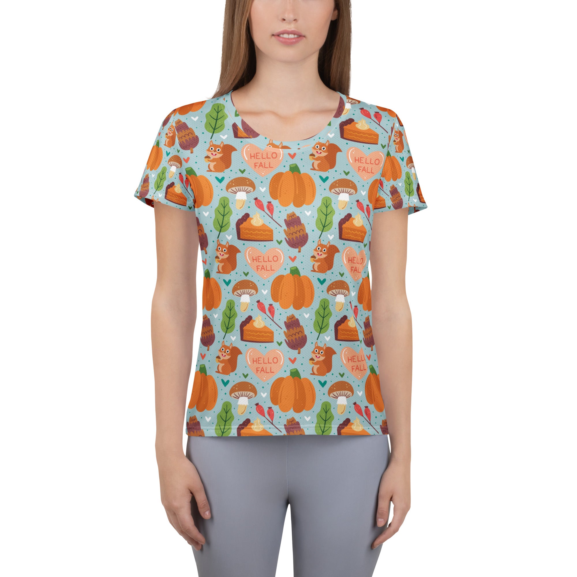Women’s 'Hello Fall' Autumn Performance Athletic T-Shirt - Lightweight Moisture Wicking Workout Top with UPF 50+