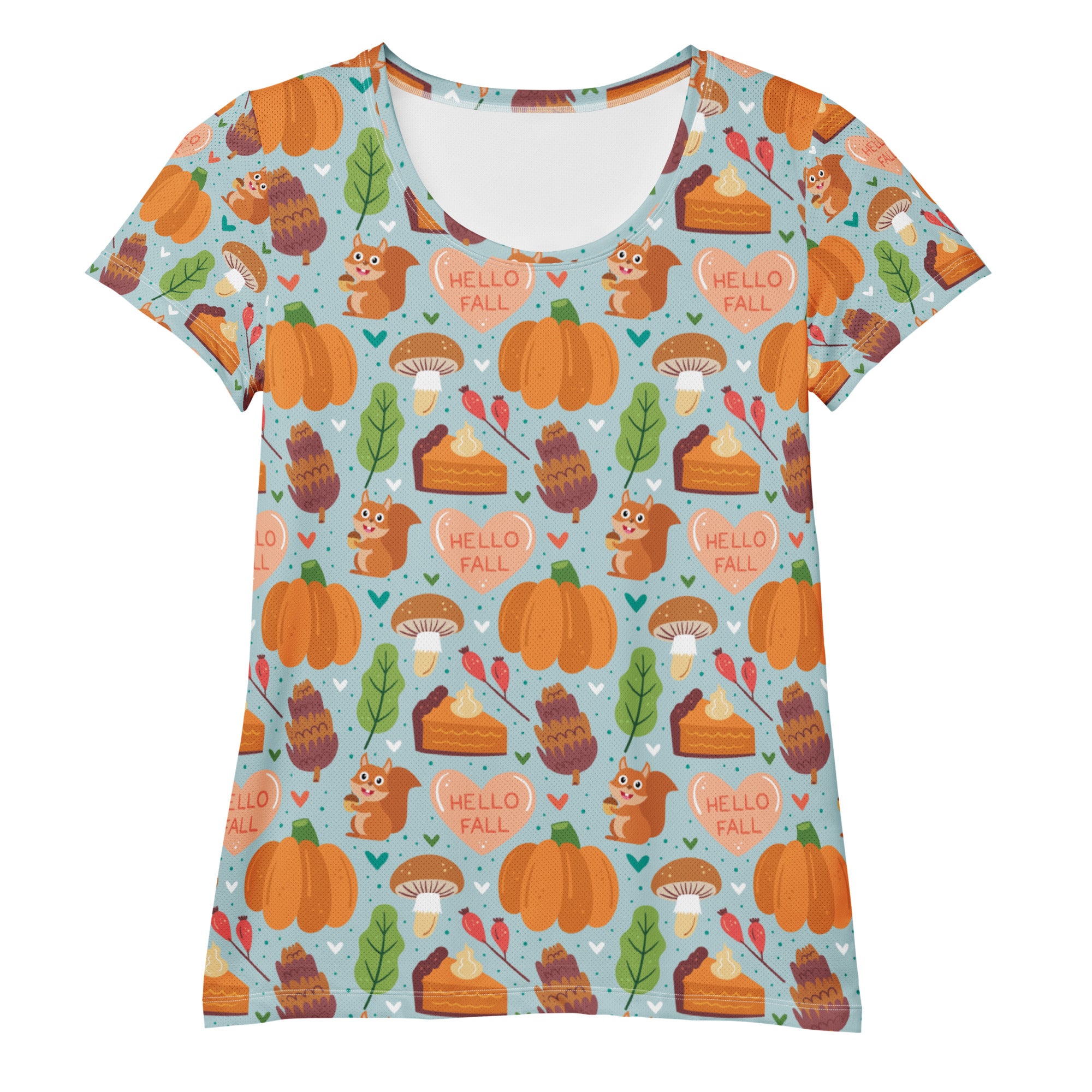 Women’s 'Hello Fall' Autumn Performance Athletic T-Shirt - Lightweight Moisture Wicking Workout Top with UPF 50+