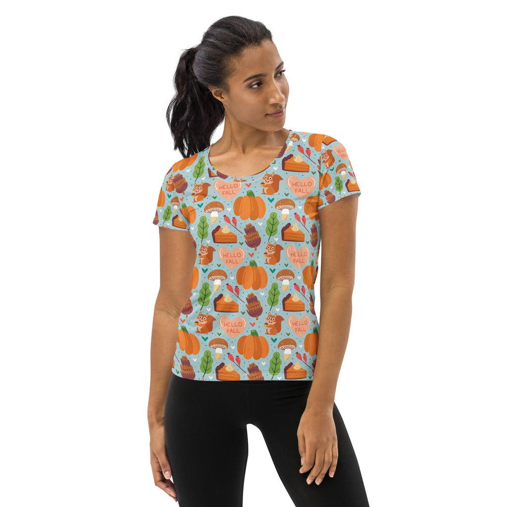 Women’s 'Hello Fall' Autumn Performance Athletic T-Shirt - Lightweight Moisture Wicking Workout Top with UPF 50+