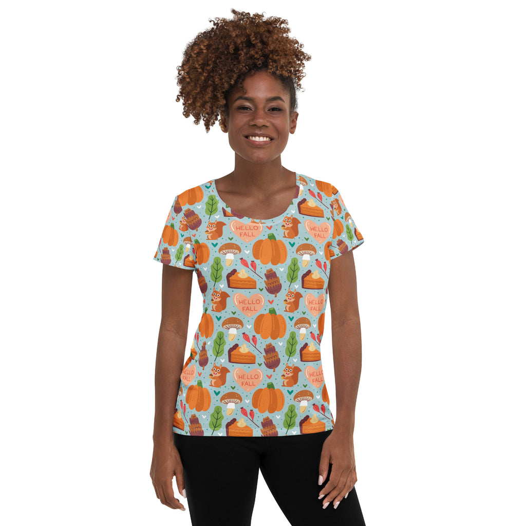 Women’s 'Hello Fall' Autumn Performance Athletic T-Shirt - Lightweight Moisture Wicking Workout Top with UPF 50+