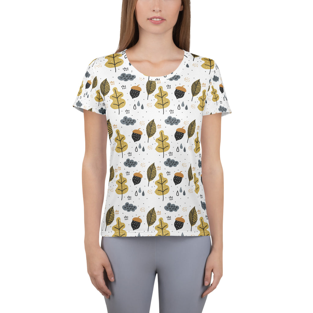 Women’s Autumn Leaves & Acorns Performance Athletic T-Shirt - Lightweight Moisture Wicking Workout Top with UPF 50+
