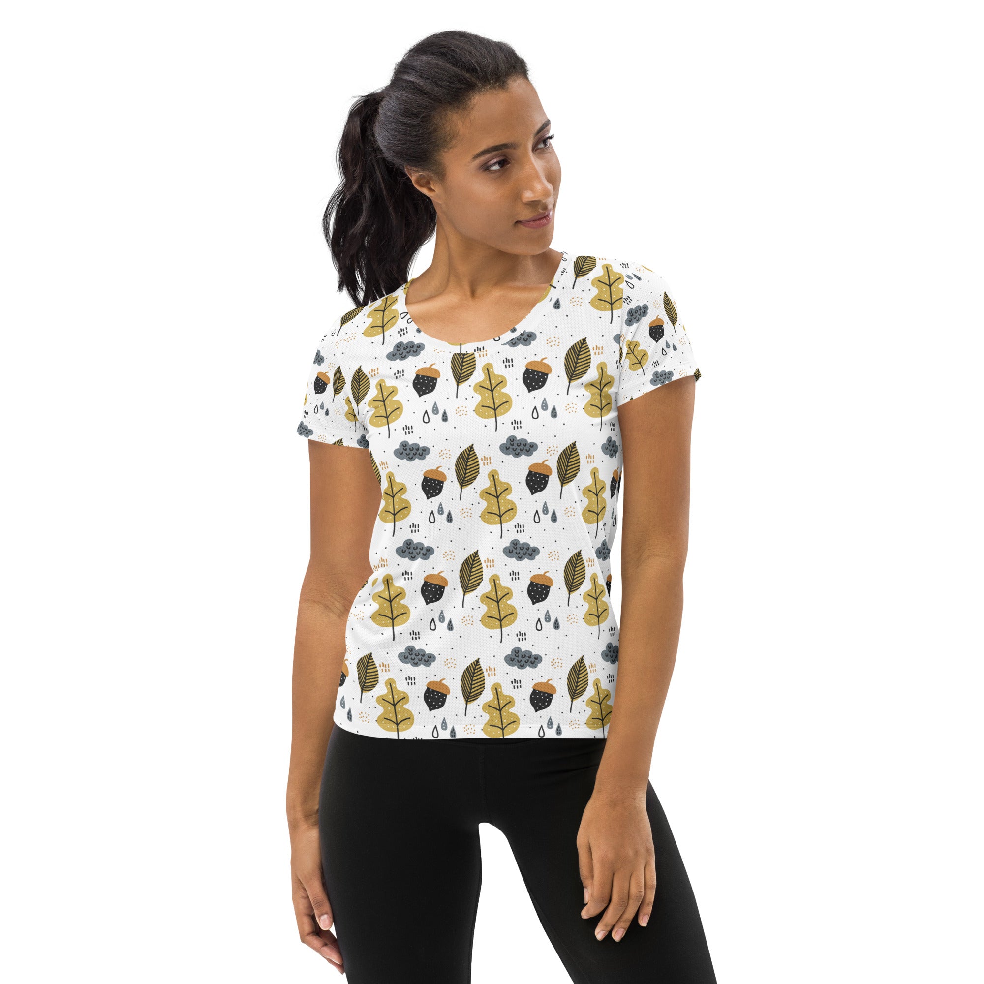 Women’s Autumn Leaves & Acorns Performance Athletic T-Shirt - Lightweight Moisture Wicking Workout Top with UPF 50+