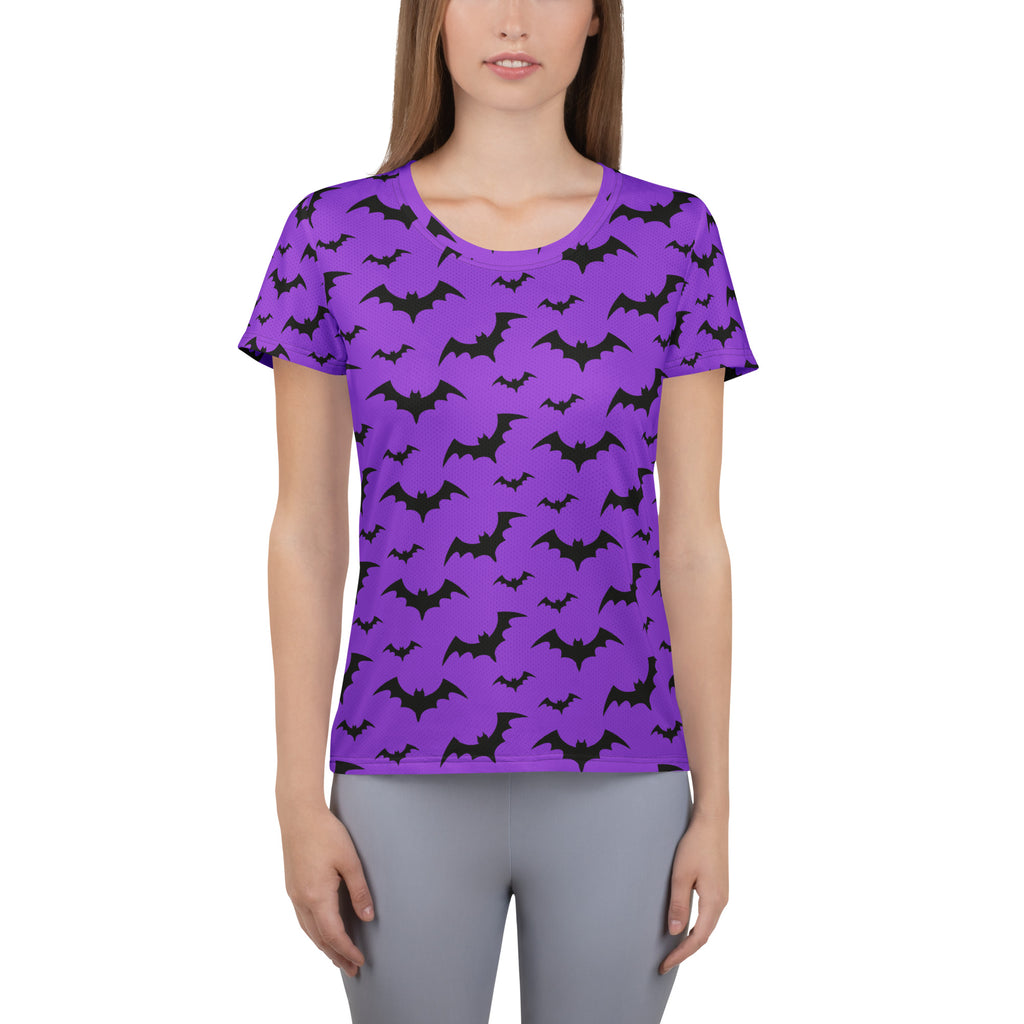Women’s Purple Bats Halloween Performance Athletic T-Shirt - Lightweight Moisture Wicking Workout Top with UPF 50+