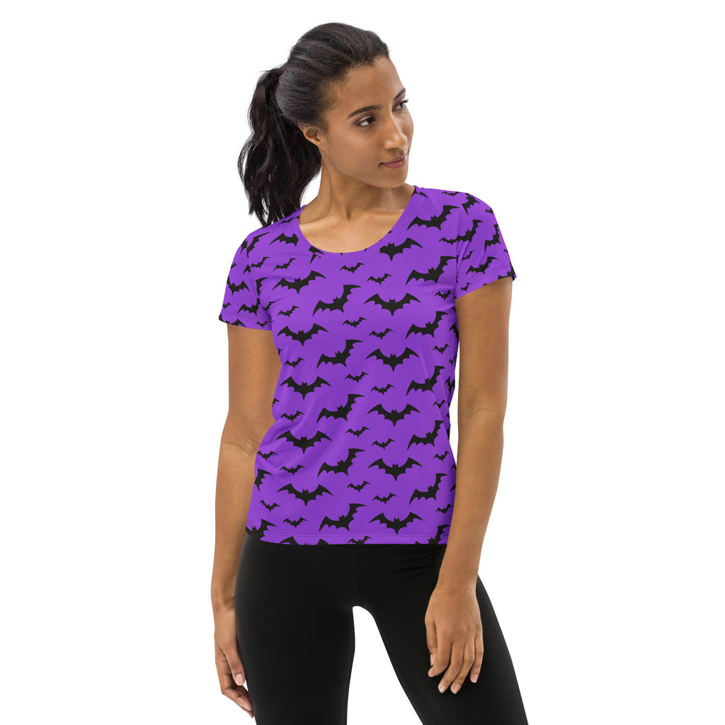 Women’s Purple Bats Halloween Performance Athletic T-Shirt - Lightweight Moisture Wicking Workout Top with UPF 50+