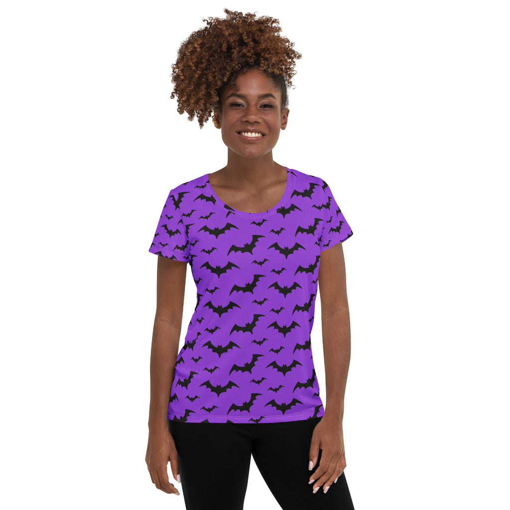 Women’s Purple Bats Halloween Performance Athletic T-Shirt - Lightweight Moisture Wicking Workout Top with UPF 50+