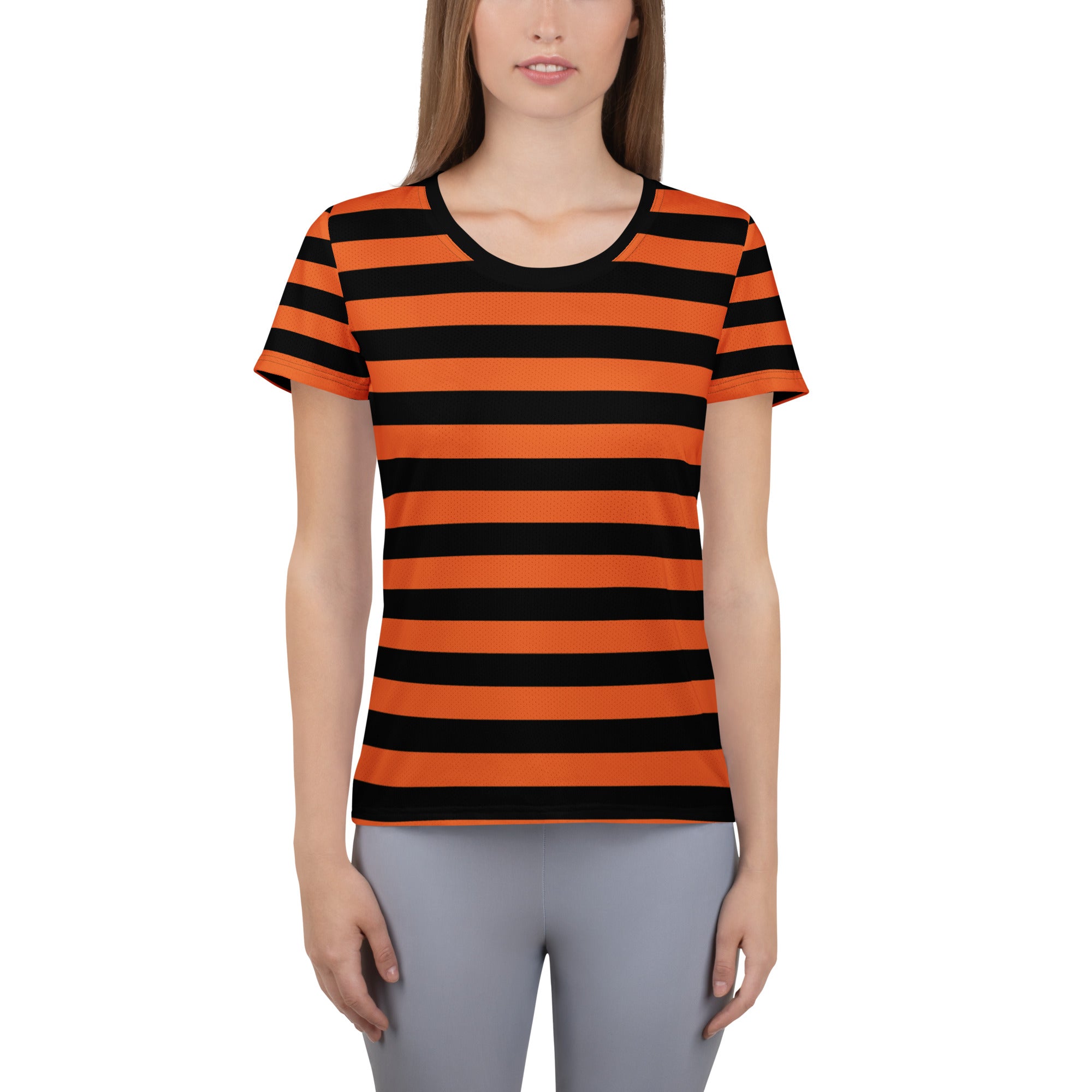 Women’s Orange and Black Halloween Striped Performance Athletic T-Shirt - Lightweight Moisture Wicking Workout Top with UPF 50+