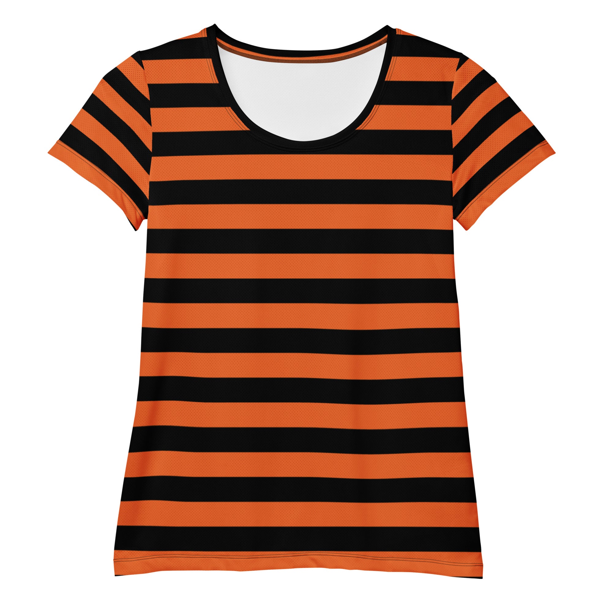 Women’s Orange and Black Halloween Striped Performance Athletic T-Shirt - Lightweight Moisture Wicking Workout Top with UPF 50+