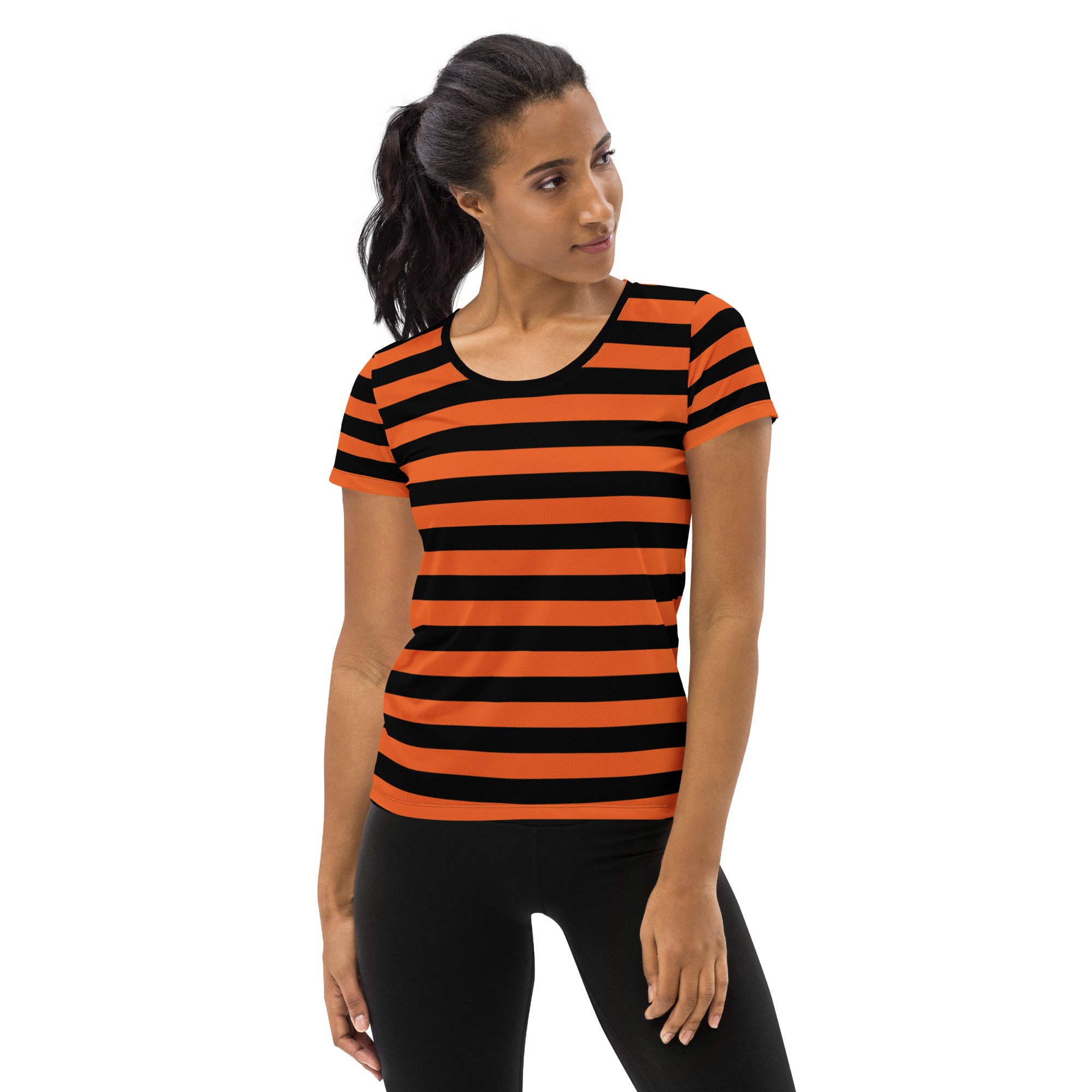 Women’s Orange and Black Halloween Striped Performance Athletic T-Shirt - Lightweight Moisture Wicking Workout Top with UPF 50+