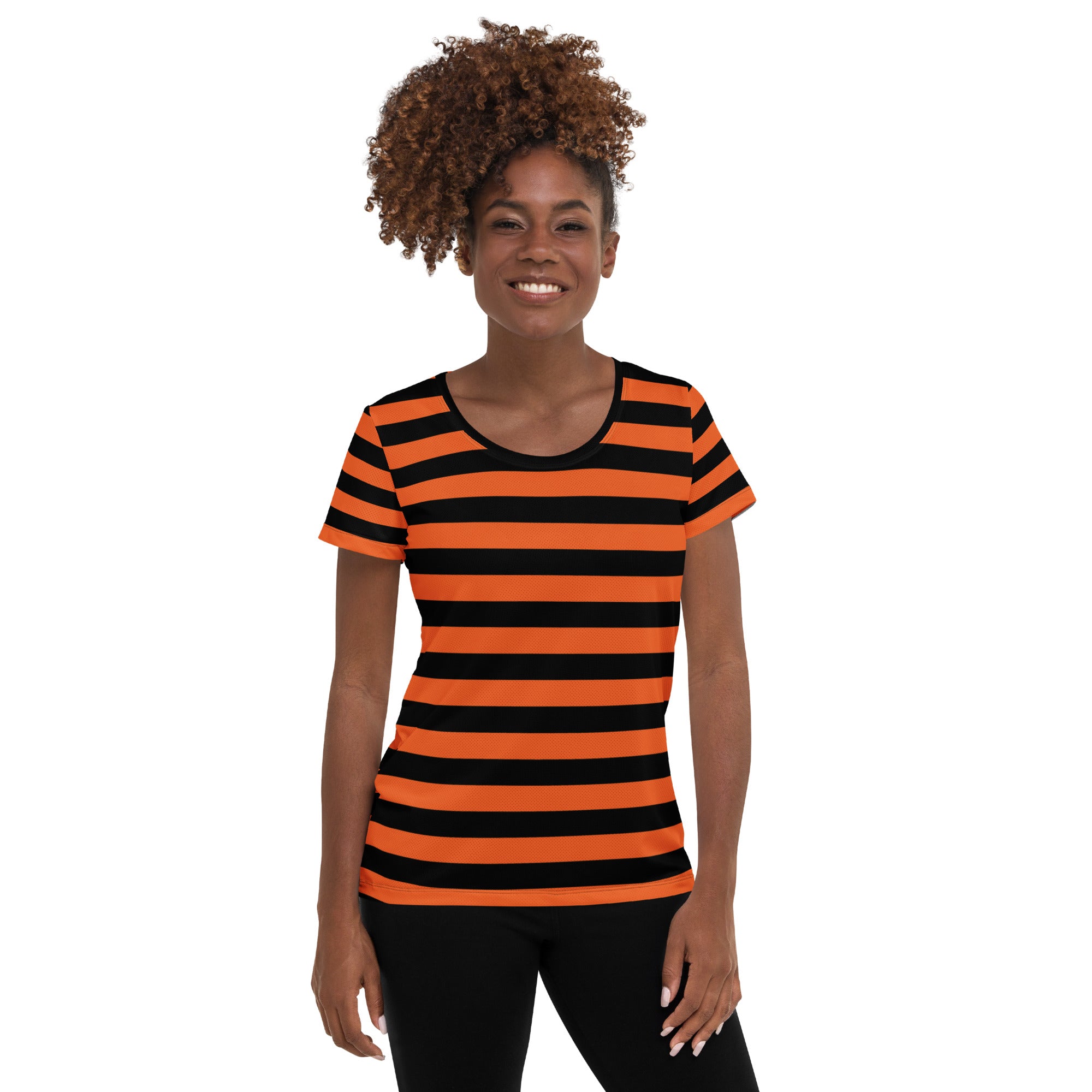 Women’s Orange and Black Halloween Striped Performance Athletic T-Shirt - Lightweight Moisture Wicking Workout Top with UPF 50+