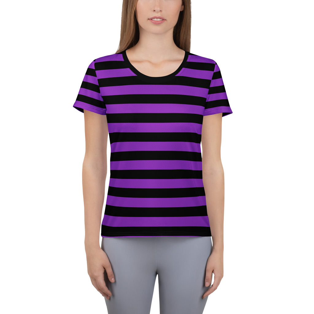 Women’s Purple and Black Halloween Striped Performance Athletic T-Shirt - Lightweight Moisture Wicking Workout Top with UPF 50+