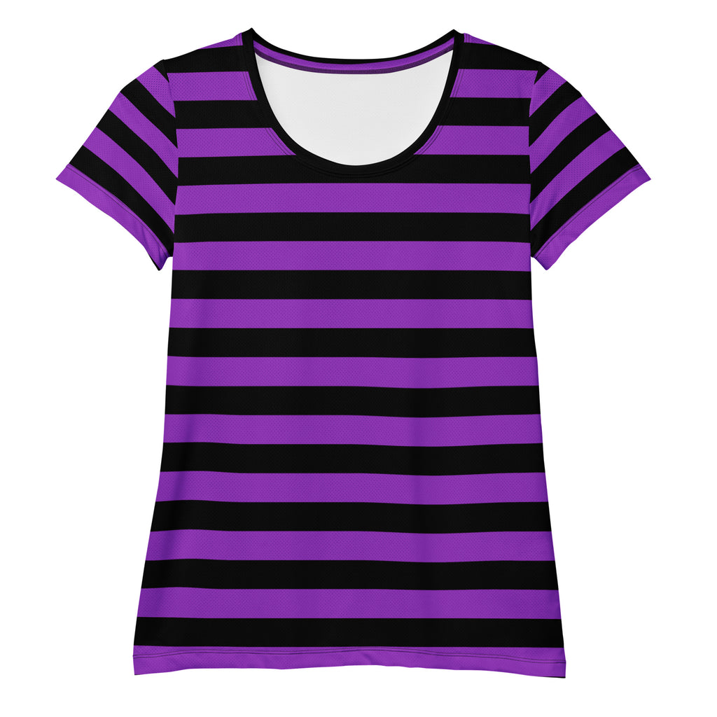 Women’s Purple and Black Halloween Striped Performance Athletic T-Shirt - Lightweight Moisture Wicking Workout Top with UPF 50+