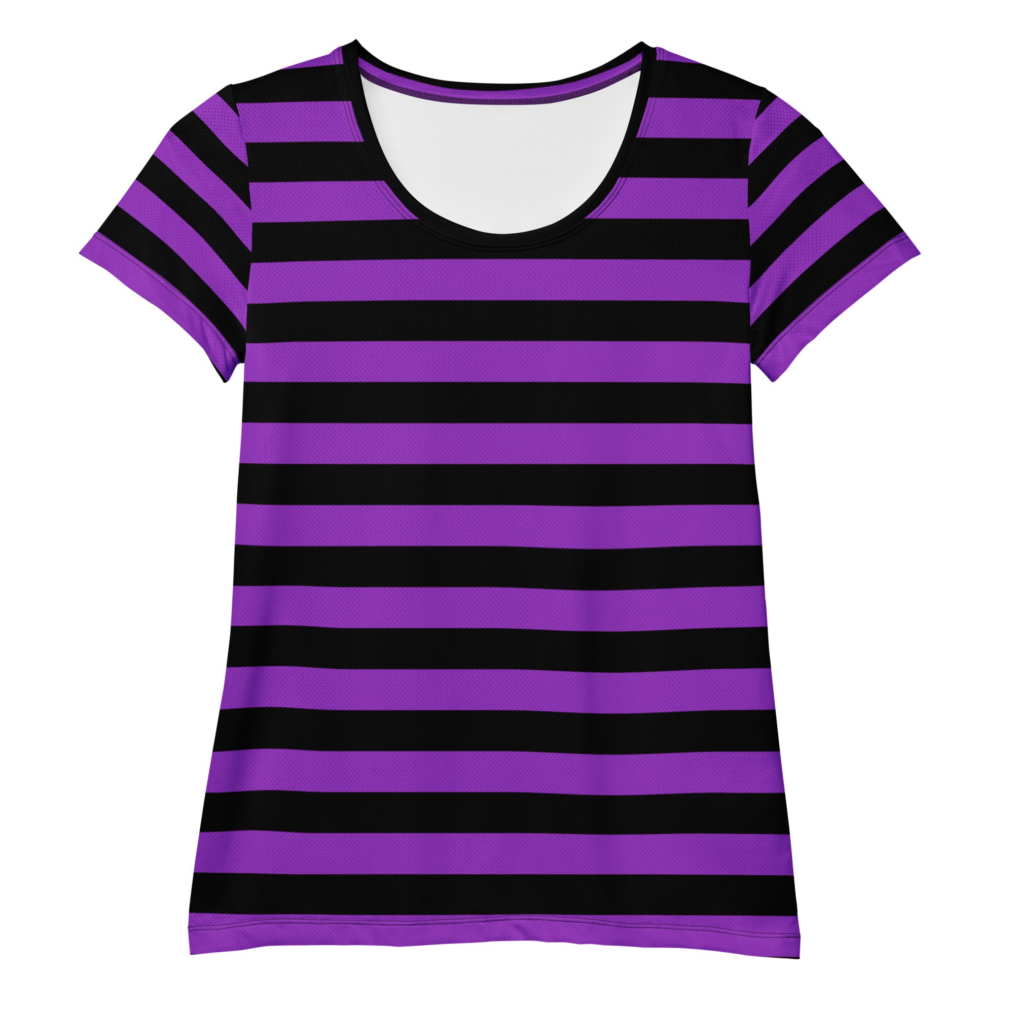 Women’s Purple and Black Halloween Striped Performance Athletic T-Shirt - Lightweight Moisture Wicking Workout Top with UPF 50+