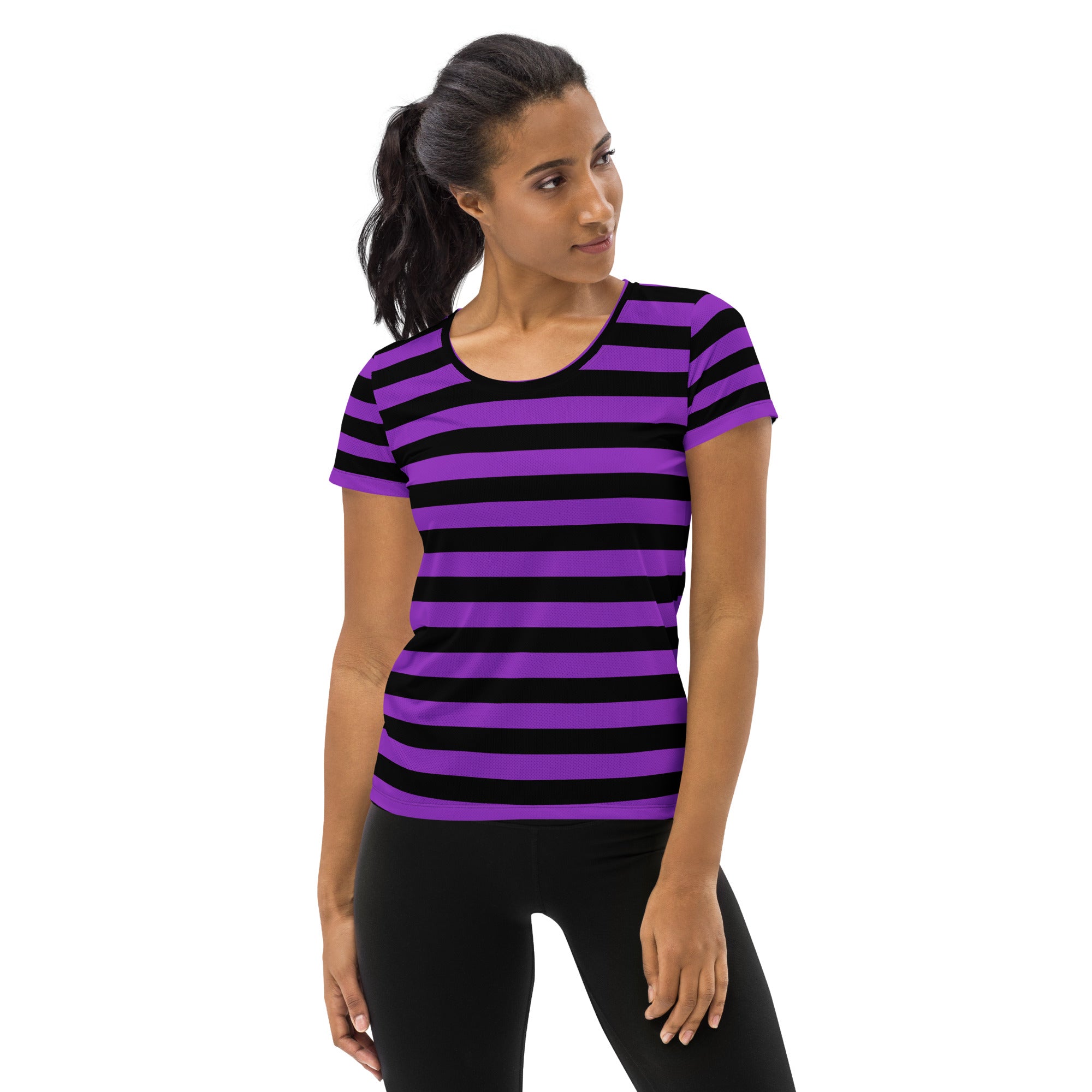 Women’s Purple and Black Halloween Striped Performance Athletic T-Shirt - Lightweight Moisture Wicking Workout Top with UPF 50+