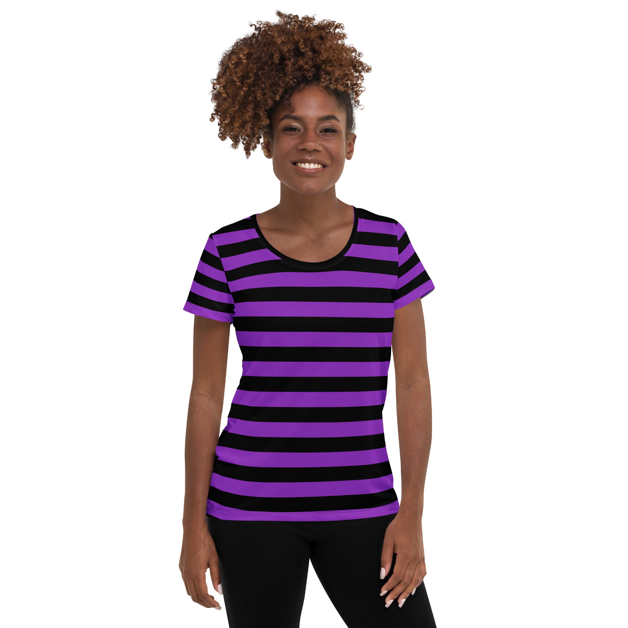 Women’s Purple and Black Halloween Striped Performance Athletic T-Shirt - Lightweight Moisture Wicking Workout Top with UPF 50+