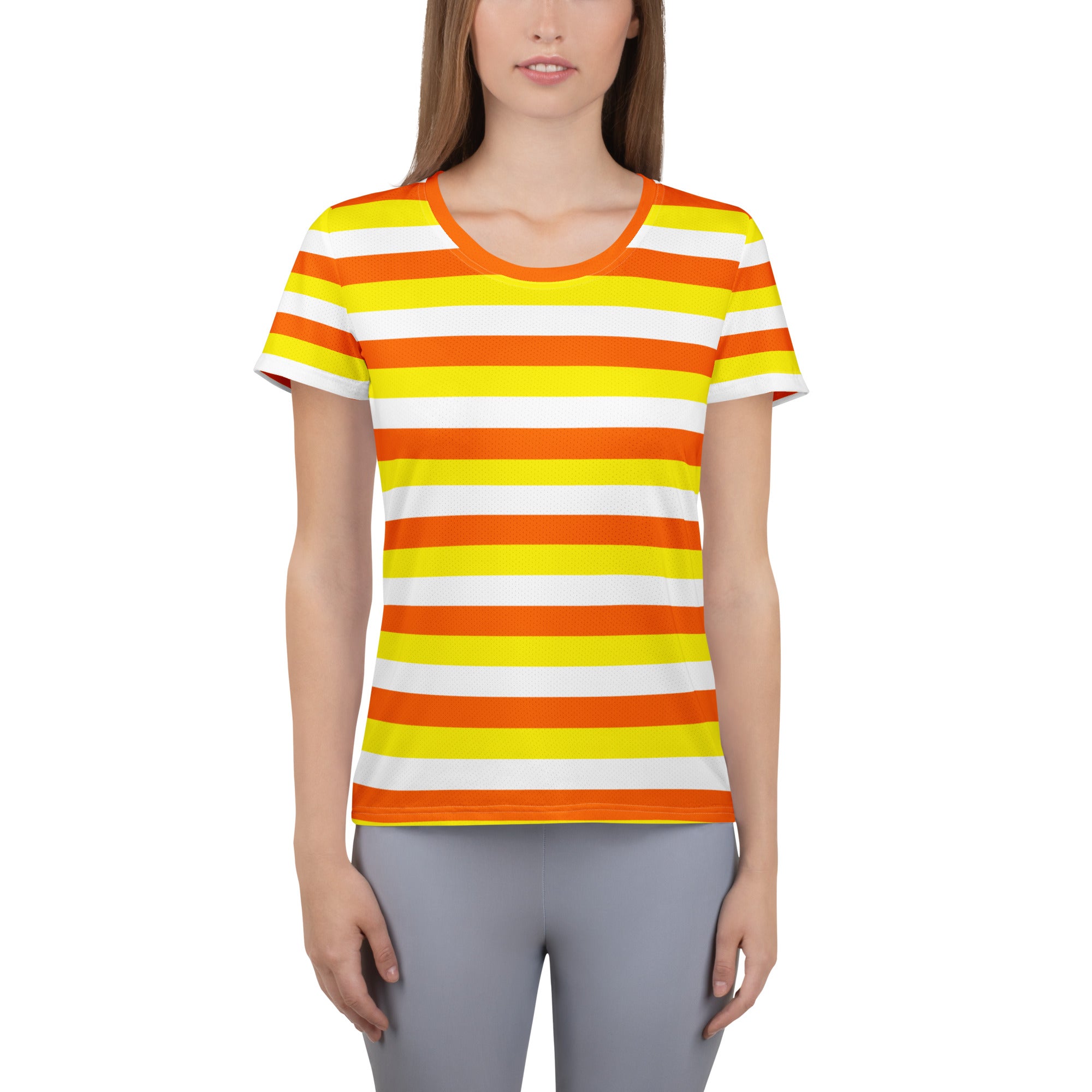 Women’s Candy Corn Stripes Performance Athletic T-Shirt - Lightweight Moisture Wicking Workout Top with UPF 50+